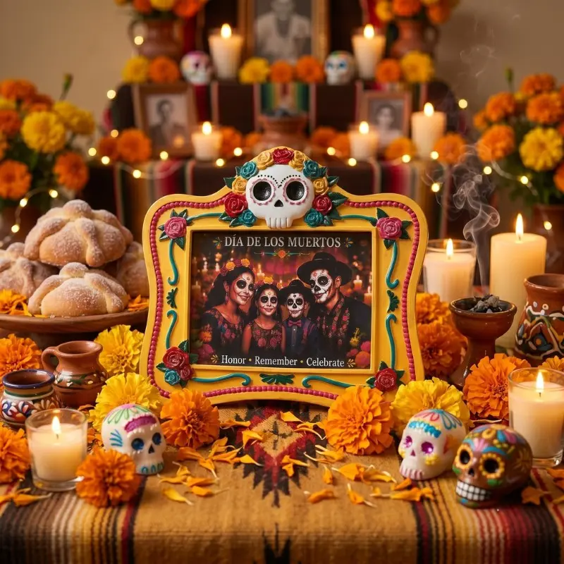Day of the Dead Picture Frame 8x6.7" - Dia De Los Muertos Decorations for Home altar, Handcrafted Halloween Gothic Skull Decor, Sugar Skull Family Photo Frame, Spooky Tabletop Mantel Decoration, Picture Frame for Family Memory