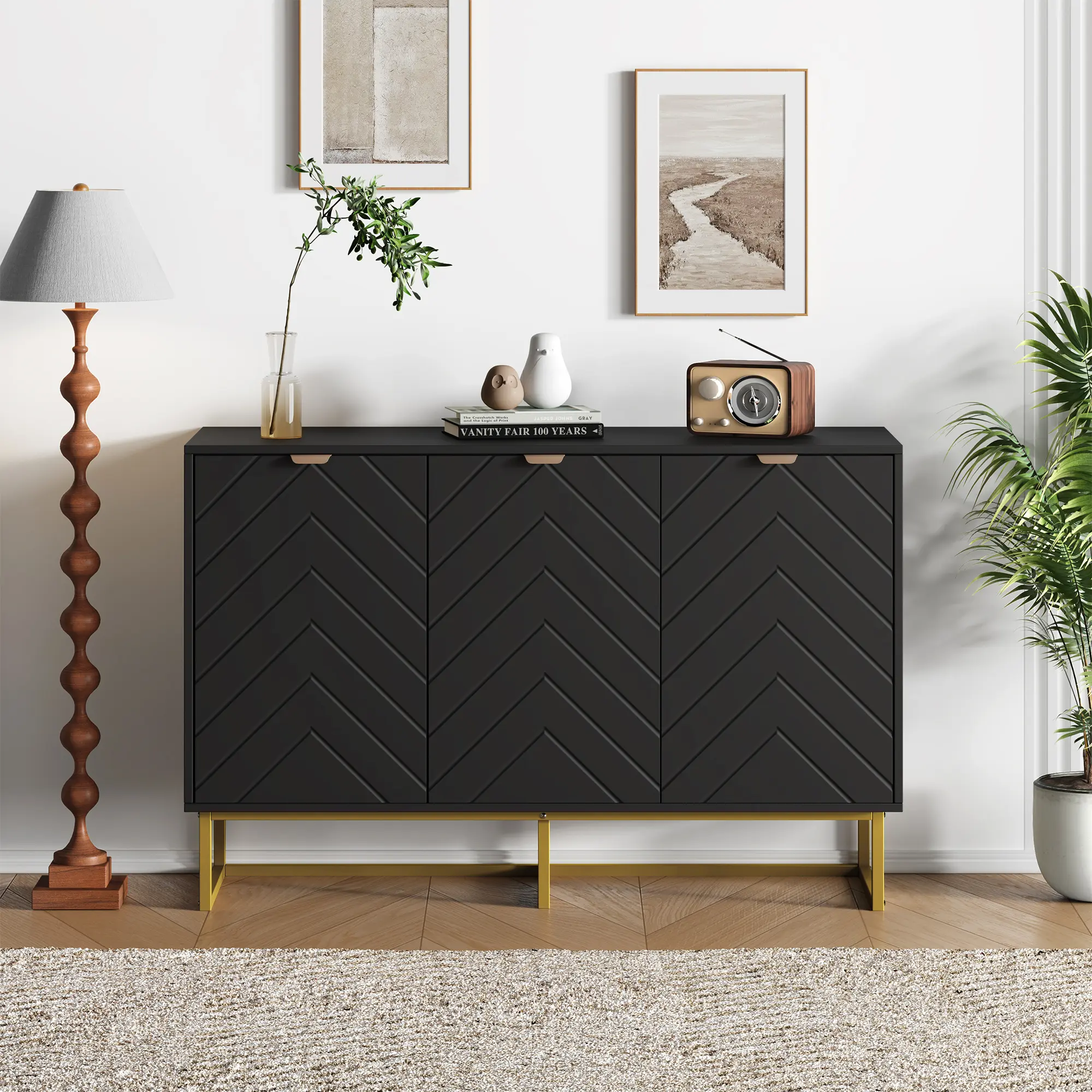 Modern Herringbone Sideboard Buffet Cabinet with Spacious Storage - Gold Handles, Adjustable Wood Shelves, Double Doors - For Dining Room, Living Room, Entryway