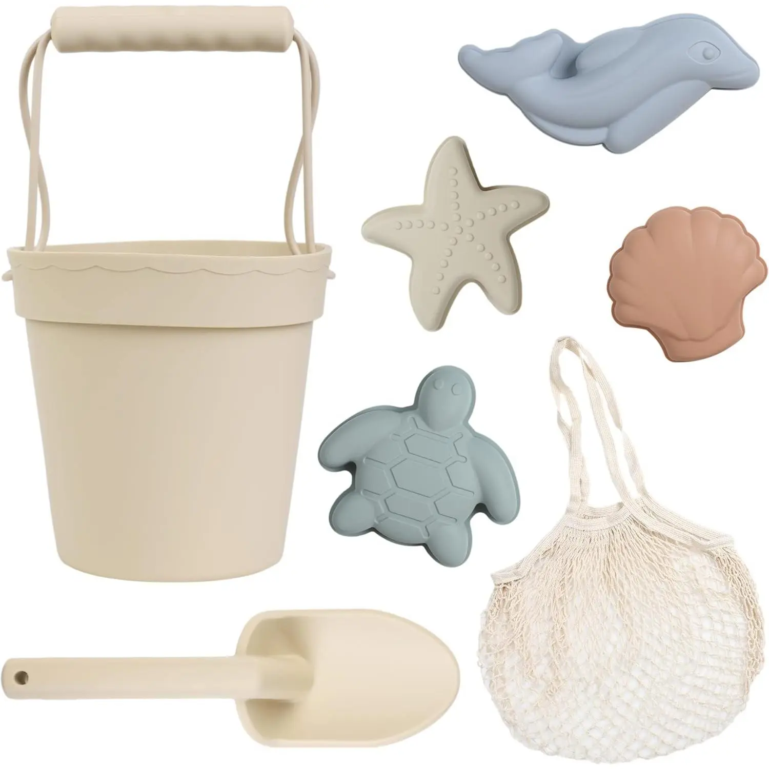 Silicone Beach Toys - Modern Baby Beach Toys | Travel Friendly Beach Set | Silicone Bucket, Shovel, 4 Sand Molds, Beach Bag | Silicone Sand Toys for Toddlers, Kids - Beige