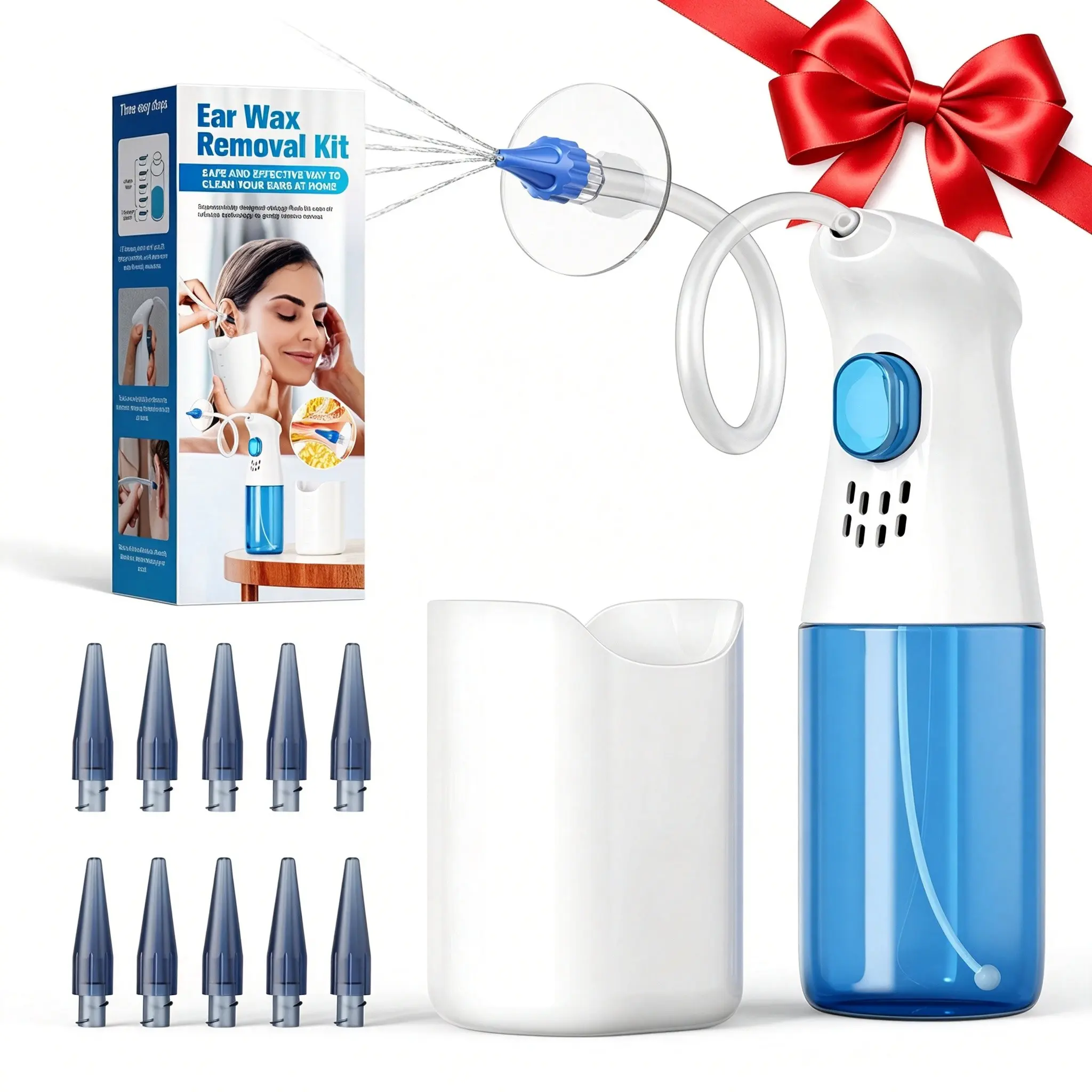 Portable Ear-Wax Irrigation Cleaning Kit, 5 Water Flow Modes, Splash-Proof Shield Tips, Reusable Home Ear-Washing Tool for All Ages