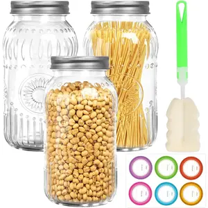 64 oz Glass Mason Jars Wide Mouth with Airtight Lids & Bands, 3 Pack with Sunflower Design, Large Half Gallon Mason Jars For Pantry, Canning, Fermenting & Pickling or Storing   honey jar