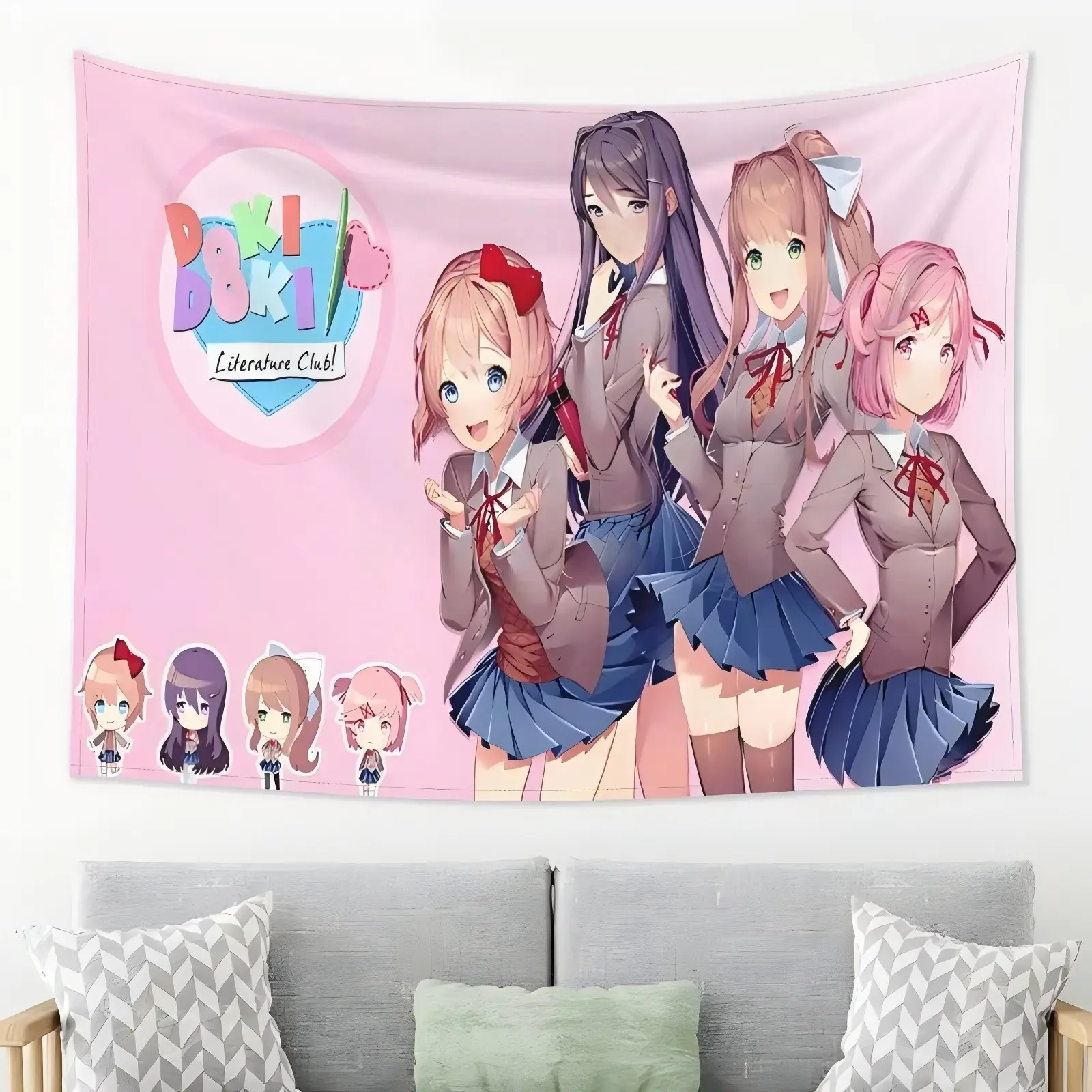 Doki Literature Club Tapestry,  INS Style Cute Anime, Ideal for Bedroom Dorm Game Room, Kawaii Anime Home Wall Decor