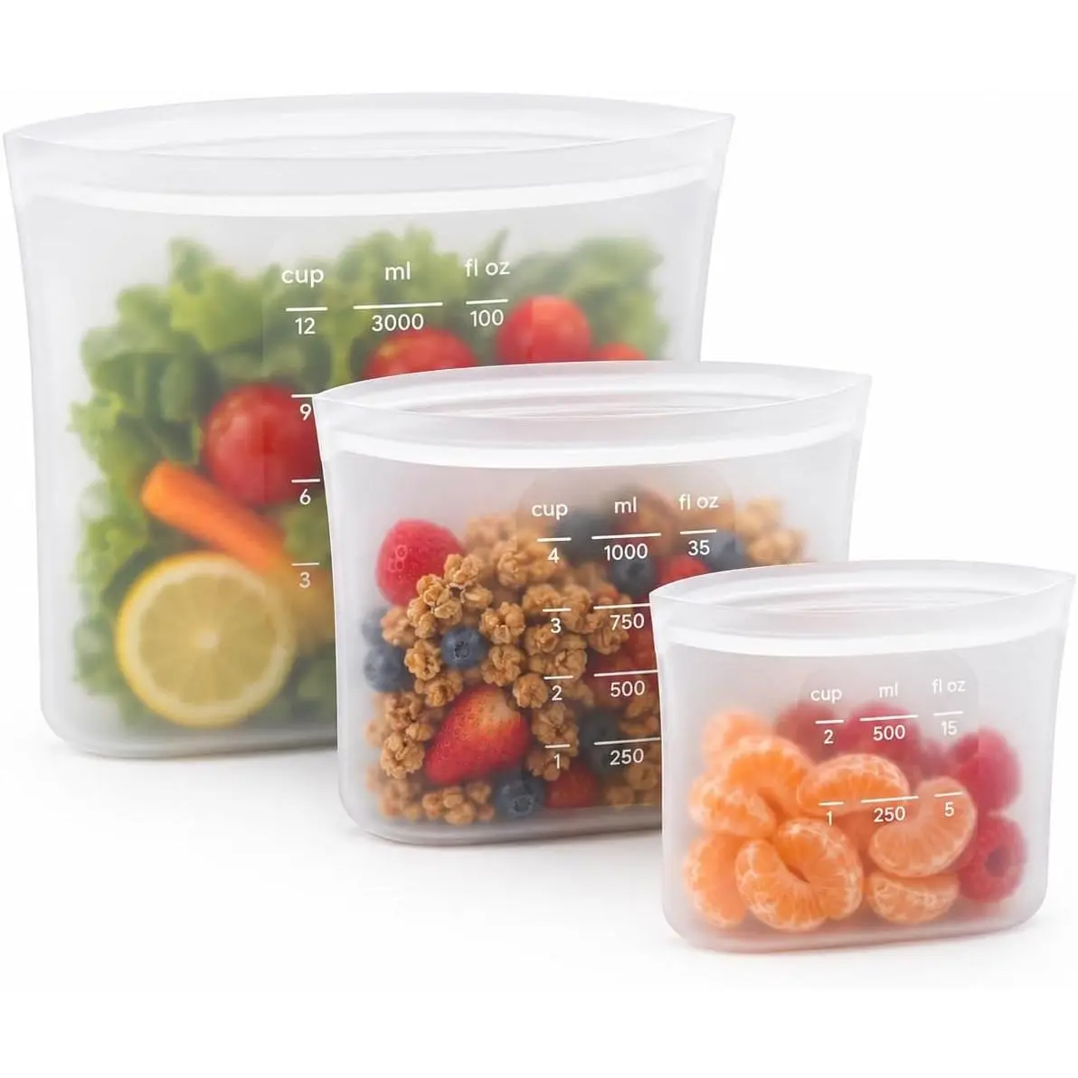 Reusable Silicone Food Storage Bags, 3 Pack (500ml, 1000ml, 1500ml), Stand-Up Leakproof Design, BPA Free, Freezer, Microwave & Dishwasher Safe, Reusable Ziplock Bags for Meal Prep