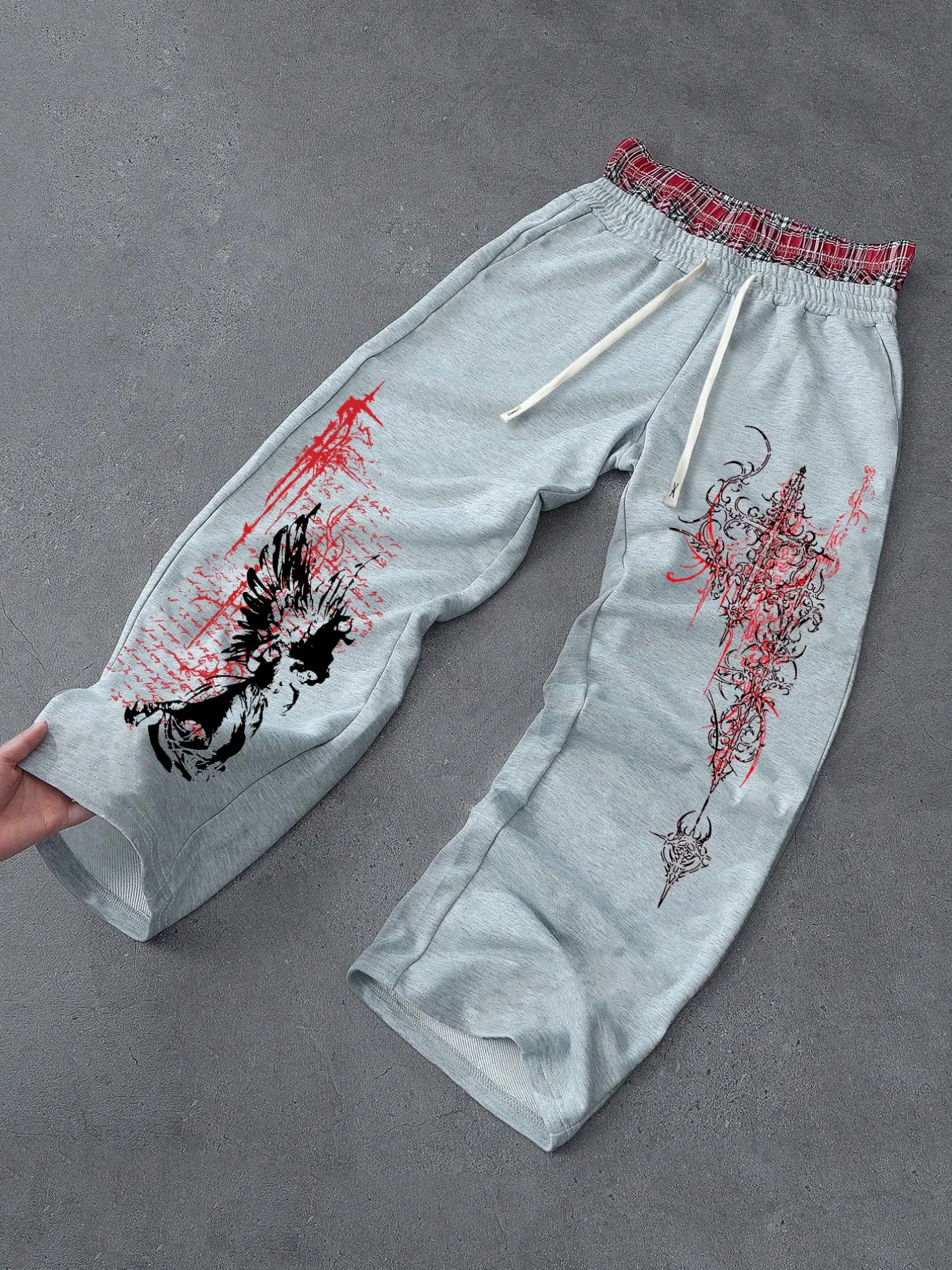 Men's Opium Style Baggy Sweatpants with Fake Two-Piece Plaid Waistband | Gothic Thorn Cross Angel Wings Graphic Print Wide-Leg Pants, Casual Loose Pant, Y2K Grunge Streetwear #OOTD #GRWM
