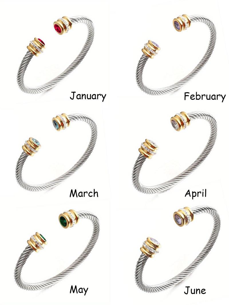 Unisex Casual Fashion Stainless Steel Birthstone Cuff Bracelet, Rhinestone Design, Zinc Alloy Chain, All Seasons Wear, Rhinestone Decor Bangles