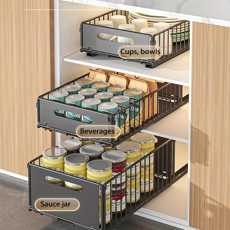 Pull Out Cabinet Storage Box, 2pcs Heavy-duty Sliding Drawer Food Cabinet Rack Fixed with Strong Glue And Handle, Suitable for Kitchen, Living Room, Bathroom, And Home Use