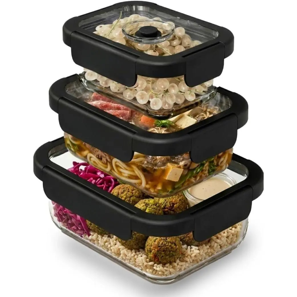 Glass Vacuum Seal Containers For  Storage (3-pack) -  Sealed Vacuum Container, Borosilicate Glass to Keep   , Works For Meal Prep