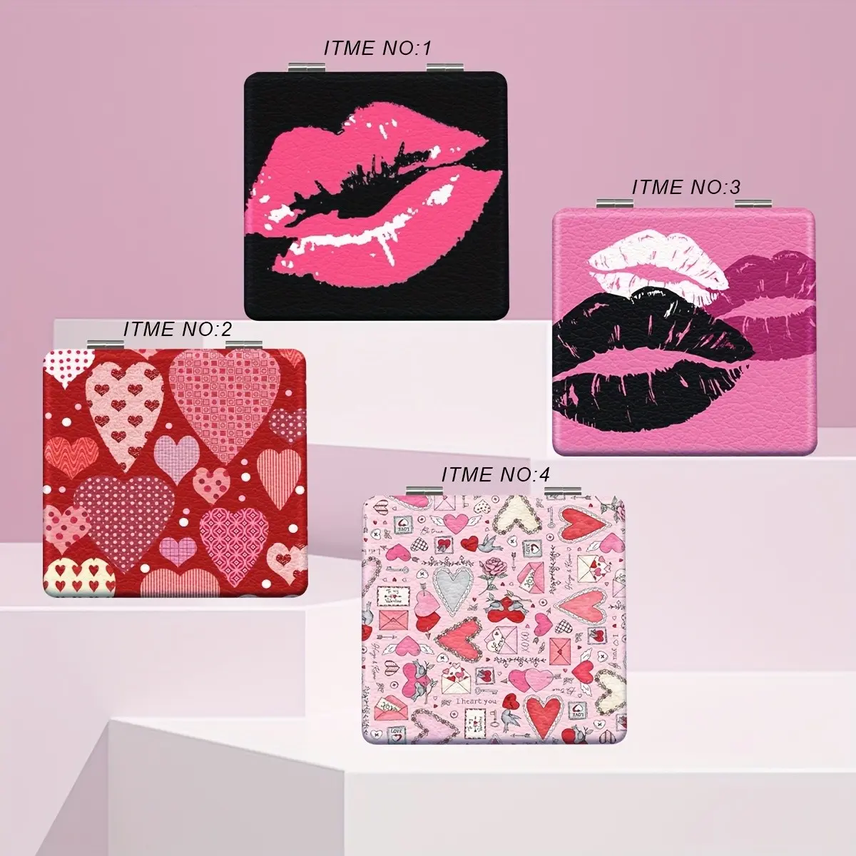Romantic Heart & Lip Kiss Print Compact Mirror, Double Sided Foldable Pocket Makeup Mirror, Love Pattern Portable Travel Cosmetic Mirror, Valentine Gift for Women Girls