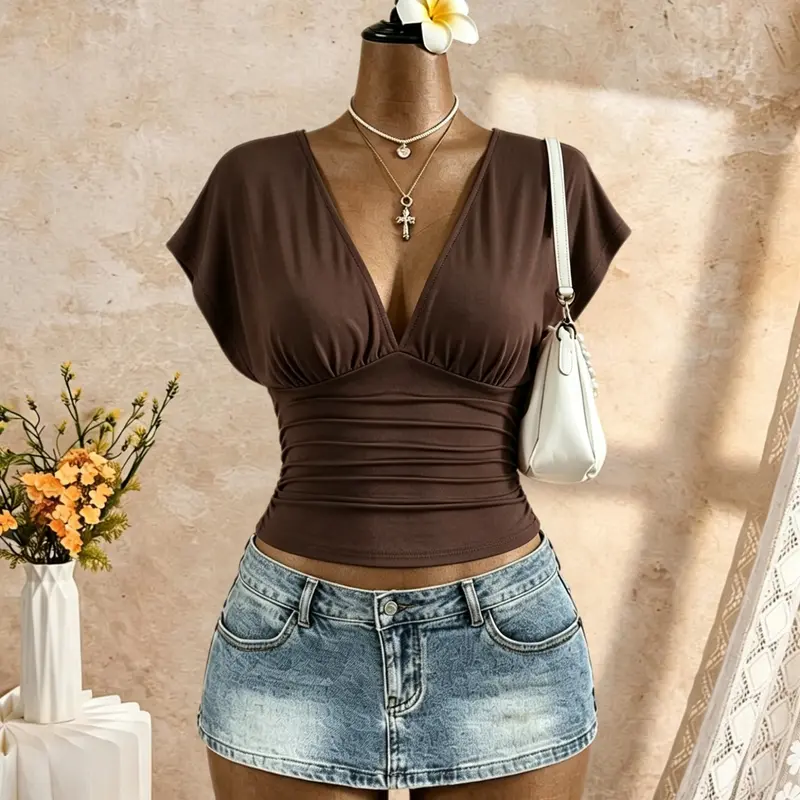 Women's Deep V Neck Batwing Sleeve Ruched Waist Slim Fit Short Tie-Back Top, Y2K Style Solid Color Casual Party Wear