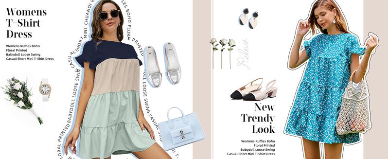 FMEYOA Womens Ruffles Boho Floral Printed Babydoll Loose Swing Casual Short Mini T-Shirt Dress FMEYOA Womens Ruffles Boho Floral Printed Babydoll Loose Swing Casual Short Mini T-Shirt Dress