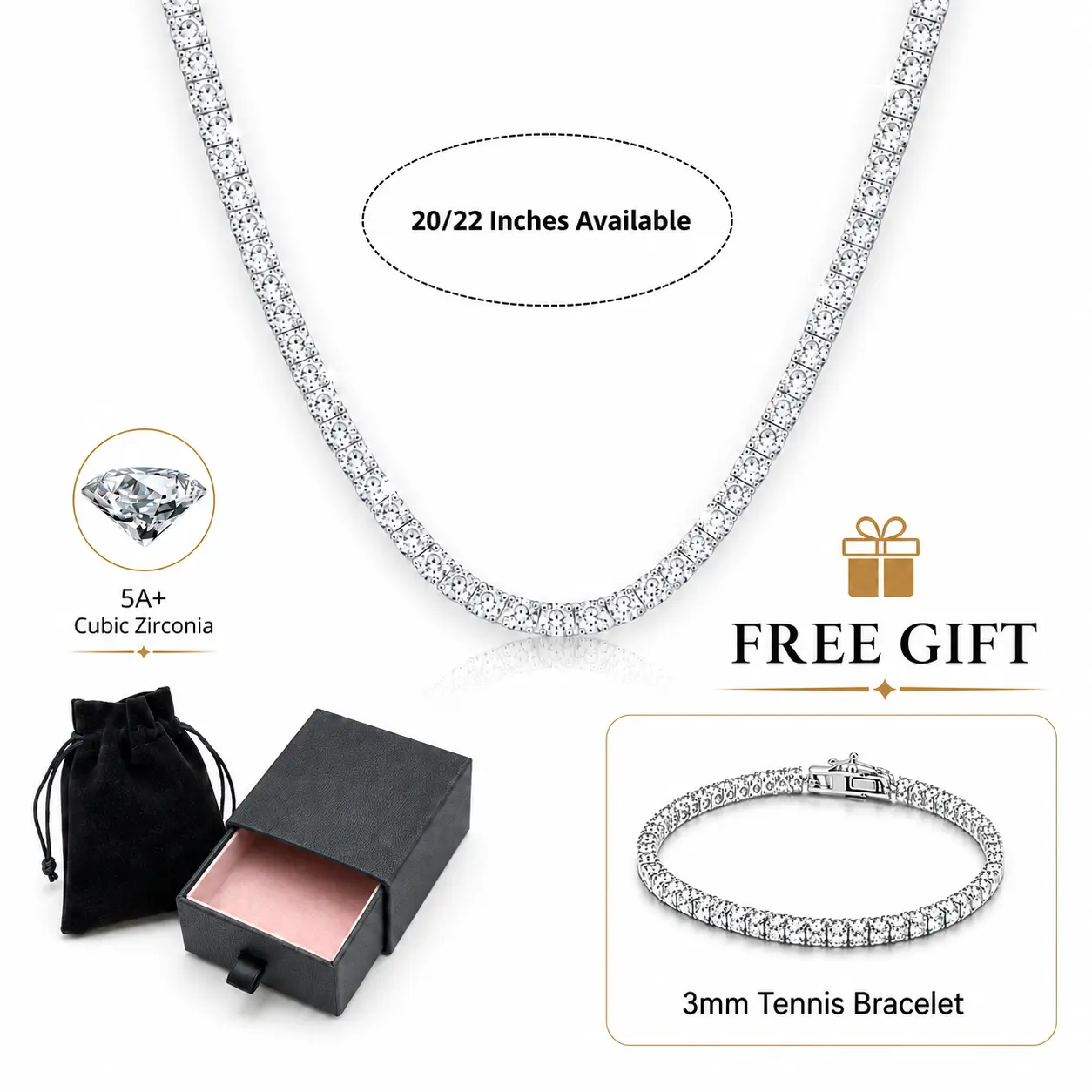 Classic Silver Tennis Necklace with Bonus Tennis Bracelet, 3mm Cubic Zirconia for Everyday Wear, Unisex Fit with Secure Box Clasp for Adults, Daily, Enhanced Clasp, Upgraded Box Clasp