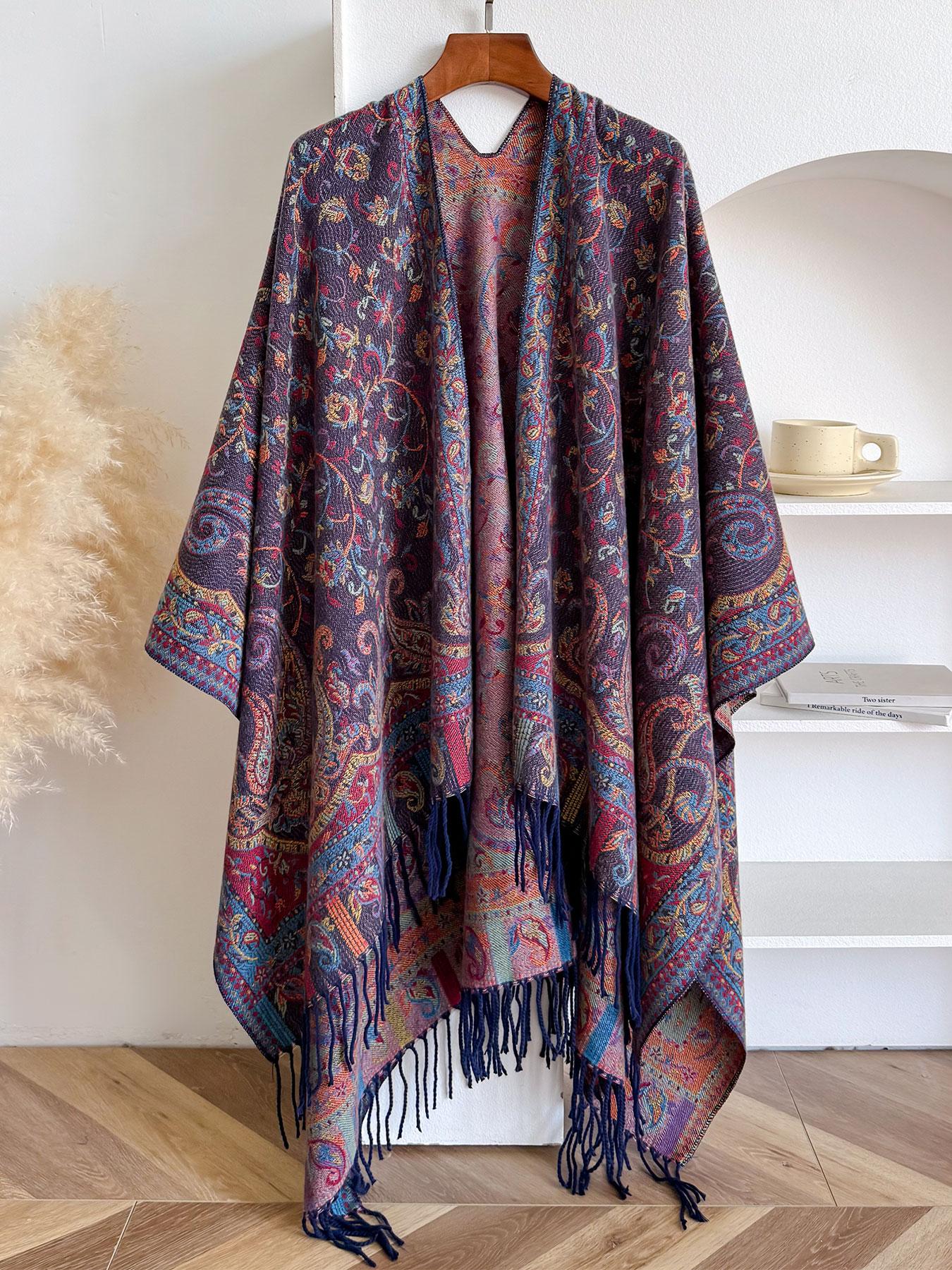 Bohemian Style Woven Shawl Scarf, Thick Fabric Fall Winter Accessory, Loose-Fit Design for Women & Girls, Perfect for Outdoor Travel Use