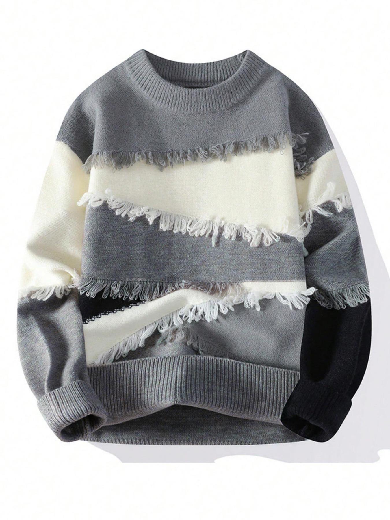 Men's Patchwork Color Block Pullover Sweater, Stylish Casual Crew neck Drop Shoulder Long Sleeve Knitted Top,Unisex Ripped Design Fashion Fall Winter Inside Top Soft Warm Sweatshirt Daily Life, Trendy Men's Outdoor Going Out Warm Jacket Knitwear