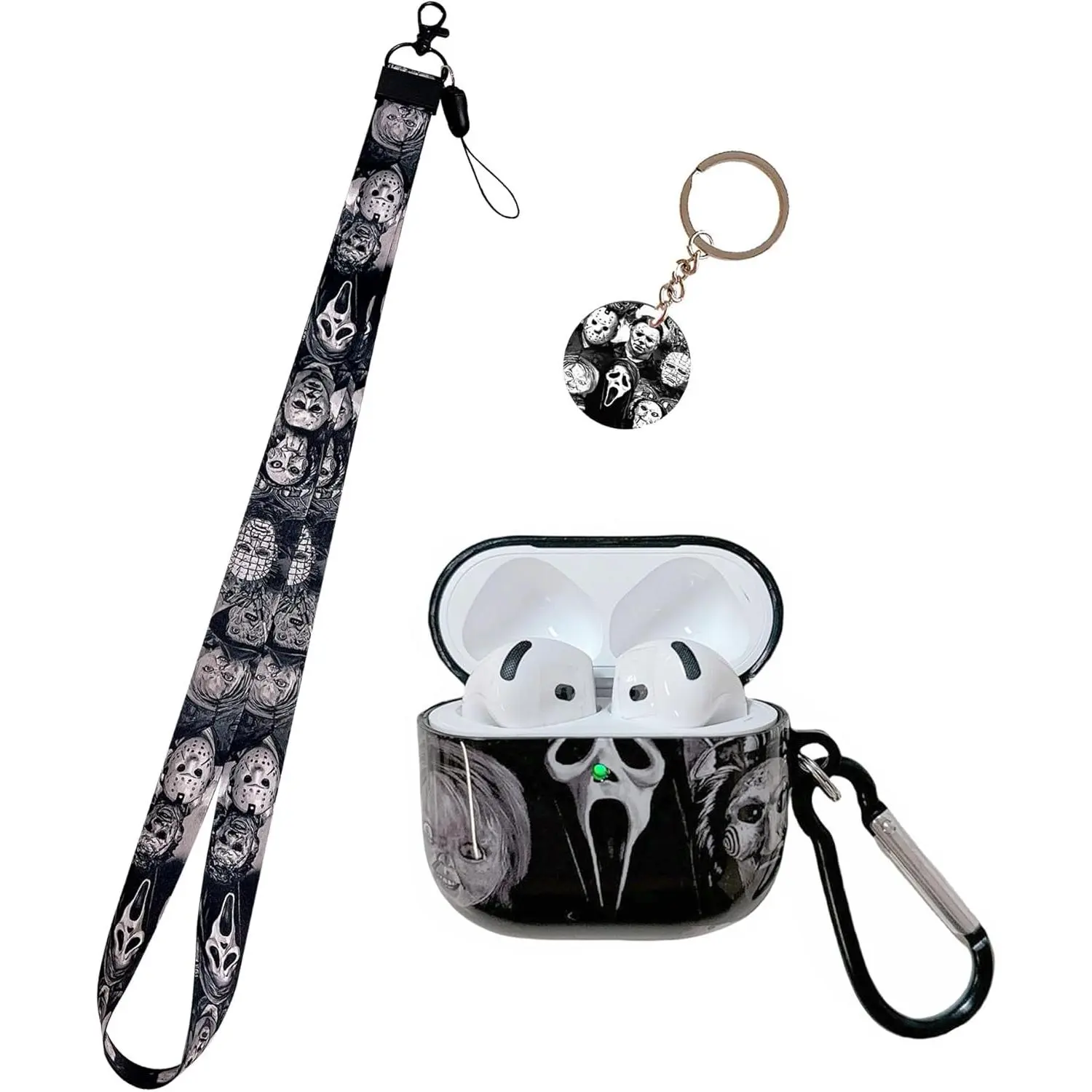 Cool Thrilling Scream Pattern Air pod 4th Generation 2024 Soft TPU Case，with Horror Keychain and Lanyard，Designed for Those who Like Man Women Girl Thrilling Horror Themes