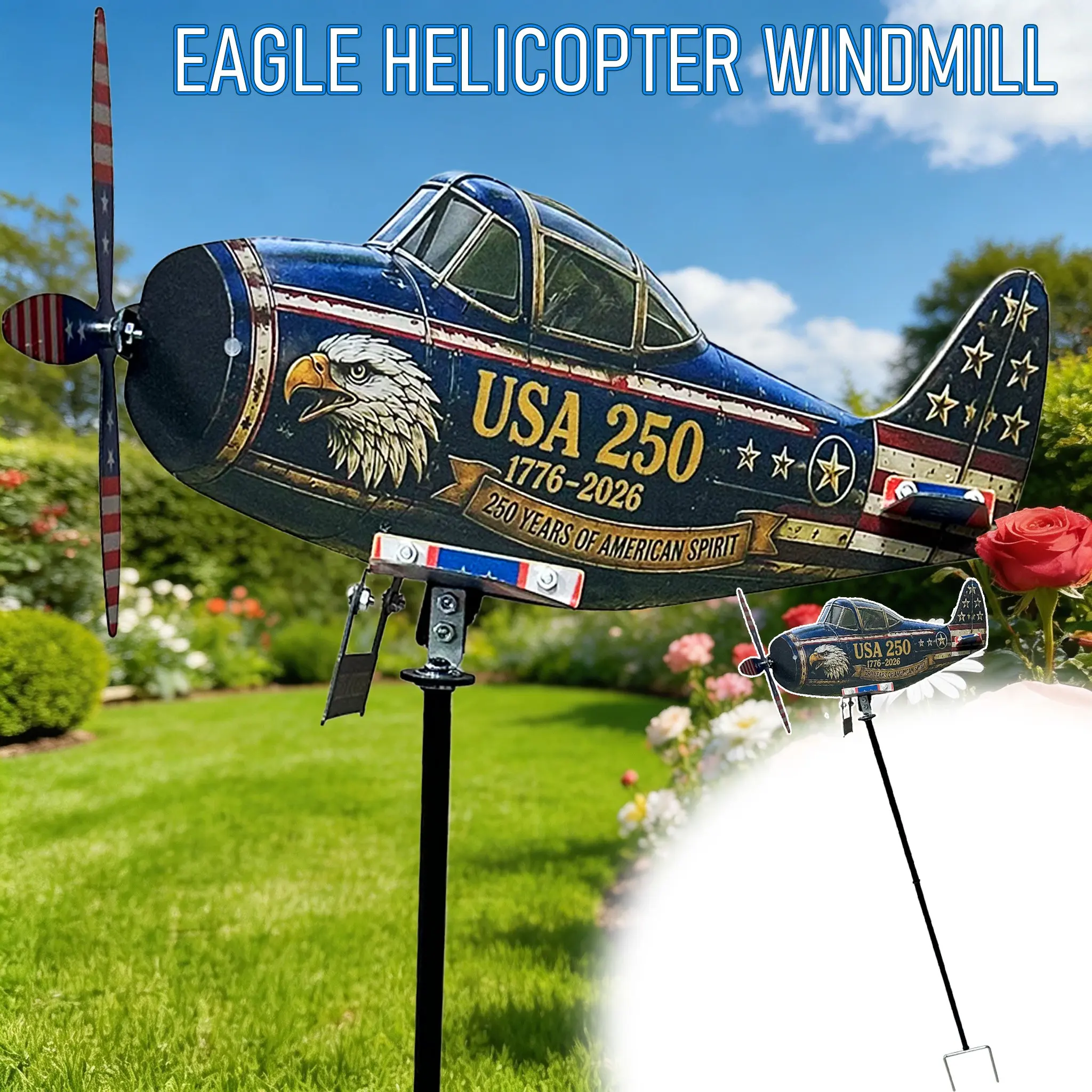250th Anniversary USA Helicopter Windmill, F6f Fighter Jet Design, Garden Decoration, Perfect Gift for Father's Day and Graduation Season