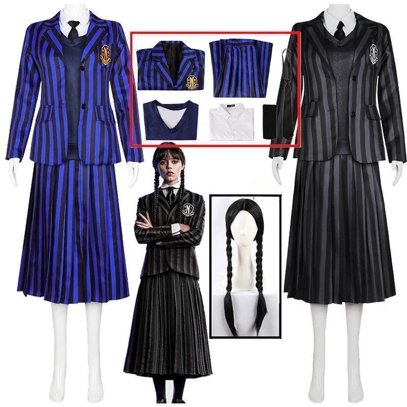 The Addams Family Wednesday Cosplay Costume Girl School Black Uniforms Suit Dress Woman Halloween Party Clothes Wig