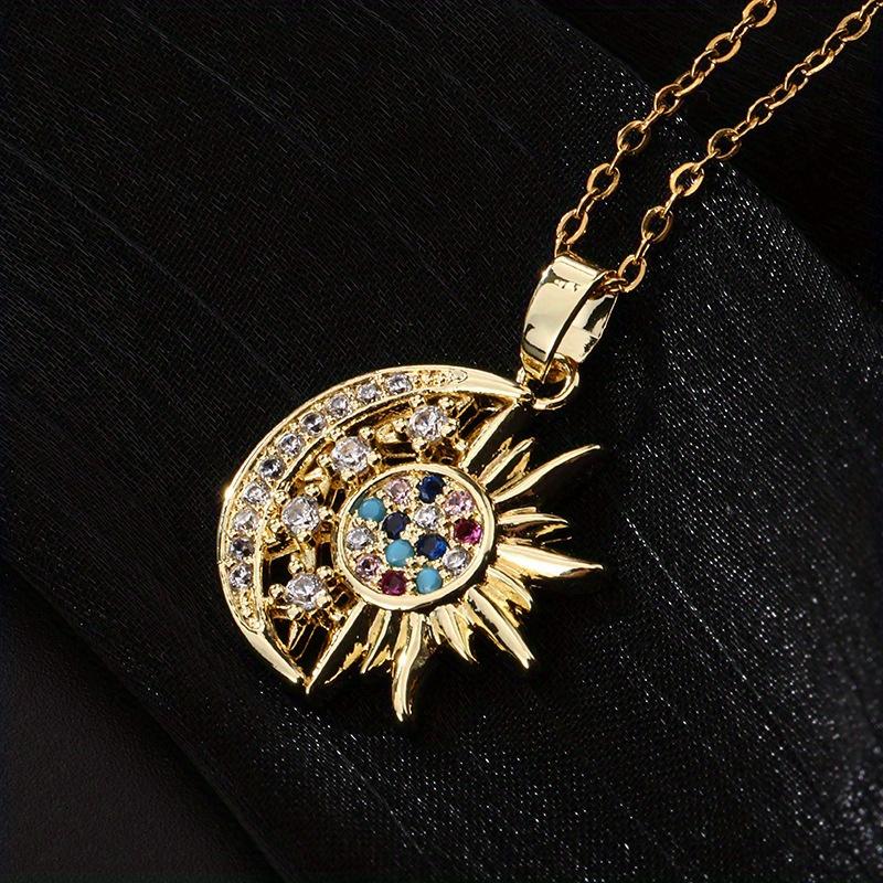 A 2-Piece Set: Sun and Moon Necklaces Adorned with Colorful Cubic Zirconia. Featuring a vintage-inspired design, this set embodies a blend of unique personal style and minimalist trends. It makes an ideal gift for sisters or classmates, and is equally per