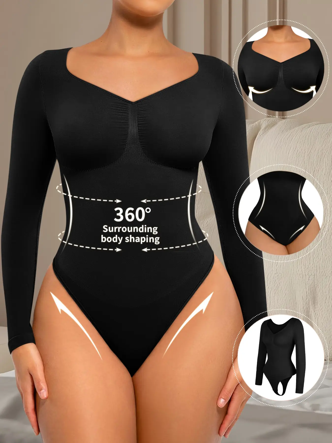 Women's Long Sleeve Shapewear Bodysuit for Tummy Control Seamless Body Suits Thong V Neck Going Out Tops , Casual All Seasons Wear Abdomen Control Garment