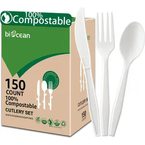 100% Compostable Disposable Knives Forks Spoons Utensils, Heavy Duty Eco Friendly Flatware for Lounge Party Wedding BBQ Picnic Camping [150 Count]