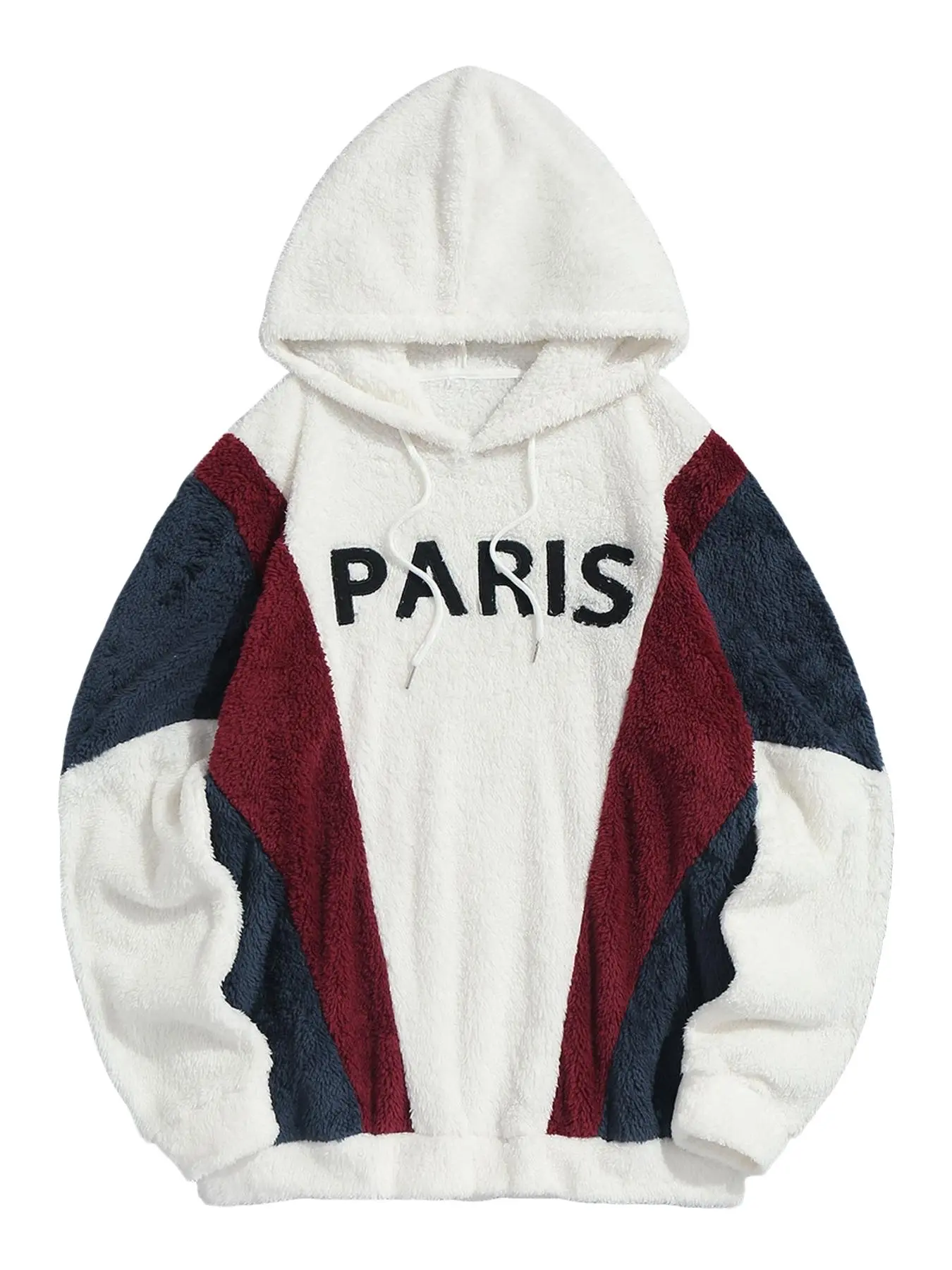 Men’s Colorblock Letter Embroidered Drawstring Fuzzy Fleece Hoodie, Soft Comfy Warm Long Sleeve Pullover Sweatshirt, Casual Streetwear Top for Fall Winter Daily Outfit