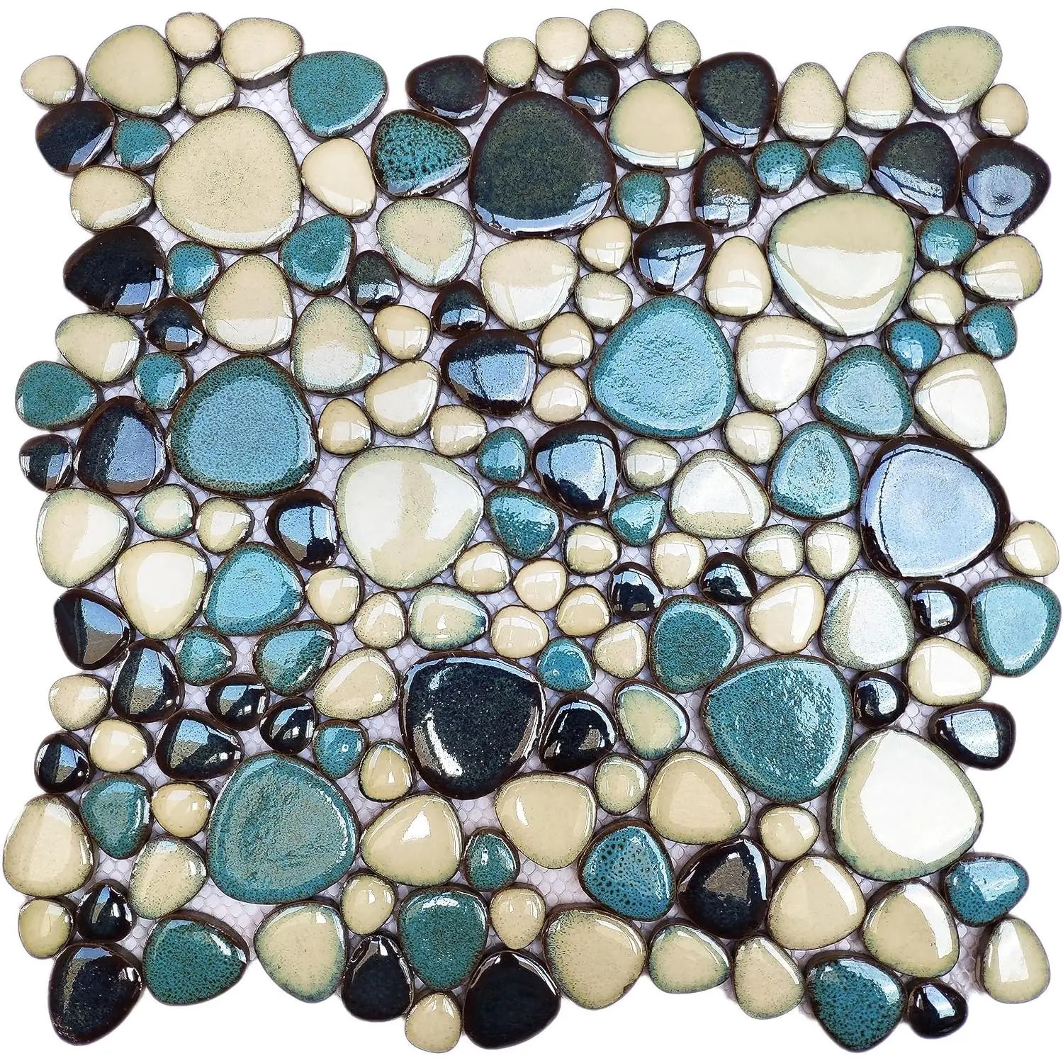 Pebble Tiles 5 Sheets,  Teal Blue Mosaic Tiles for Accent Wall Backsplash, Pebble Tile for Bathroom Shower Floor