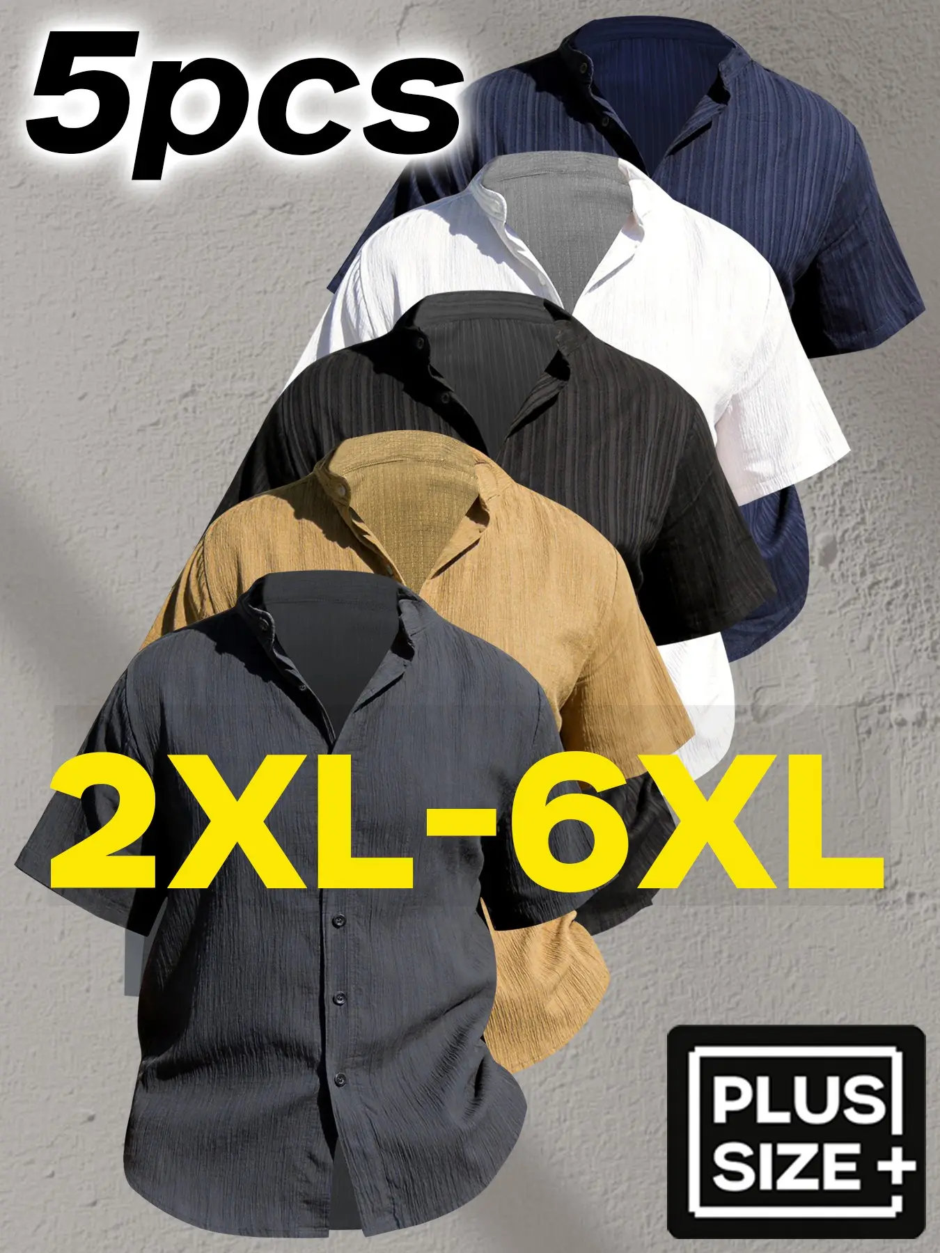 5pcs Men's Plus Size Summer Short Sleeve Shirt, Lightweight Breathable Solid Color, Casual Button-Up with Stand Collar