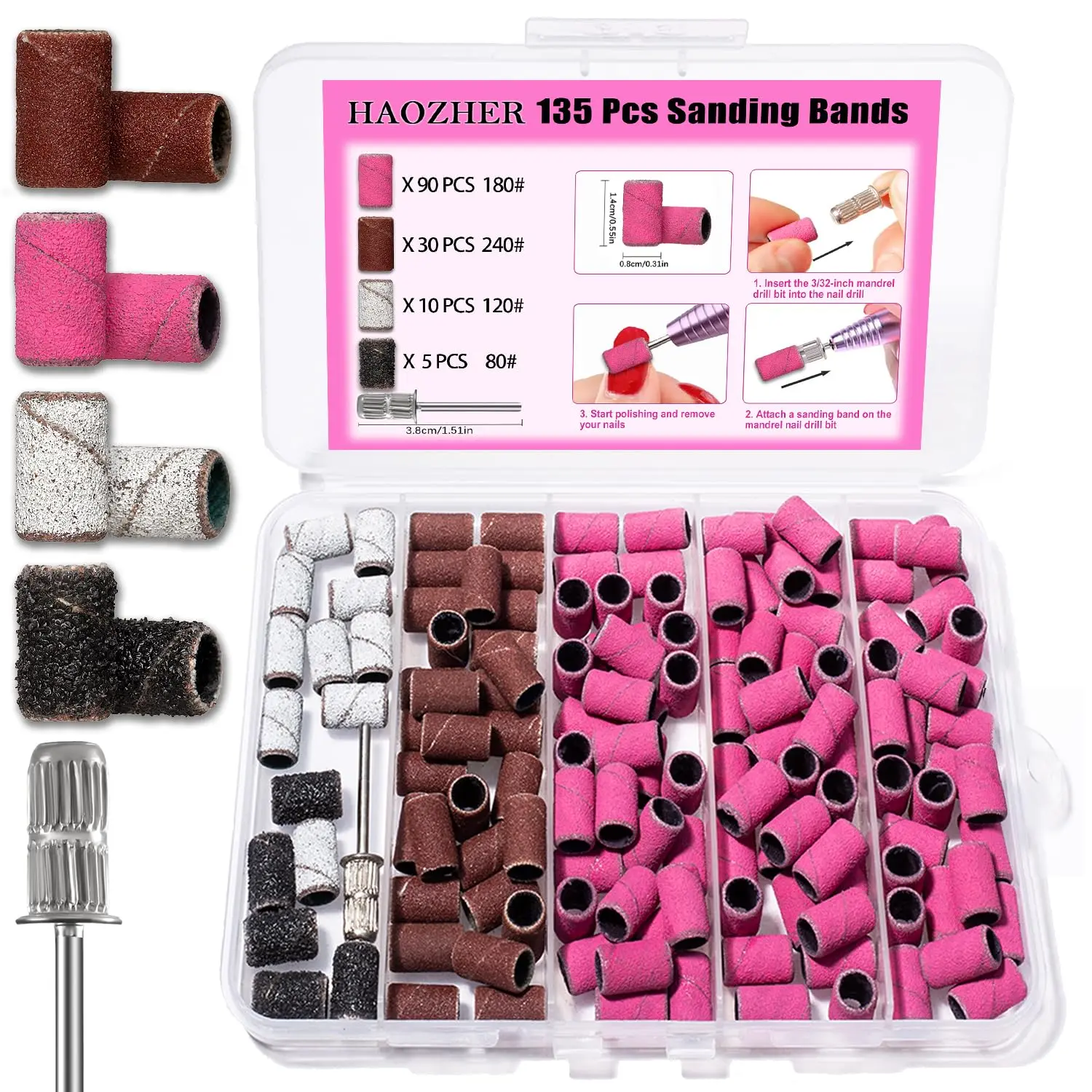 Drill Bits, 135 count Sanding Bands for  Drill,  Tips for Drill Bits  Tech, Mix 80#120#180#240# Fine Grit File Sanding Bands for  Gel Manicures Pedicure
