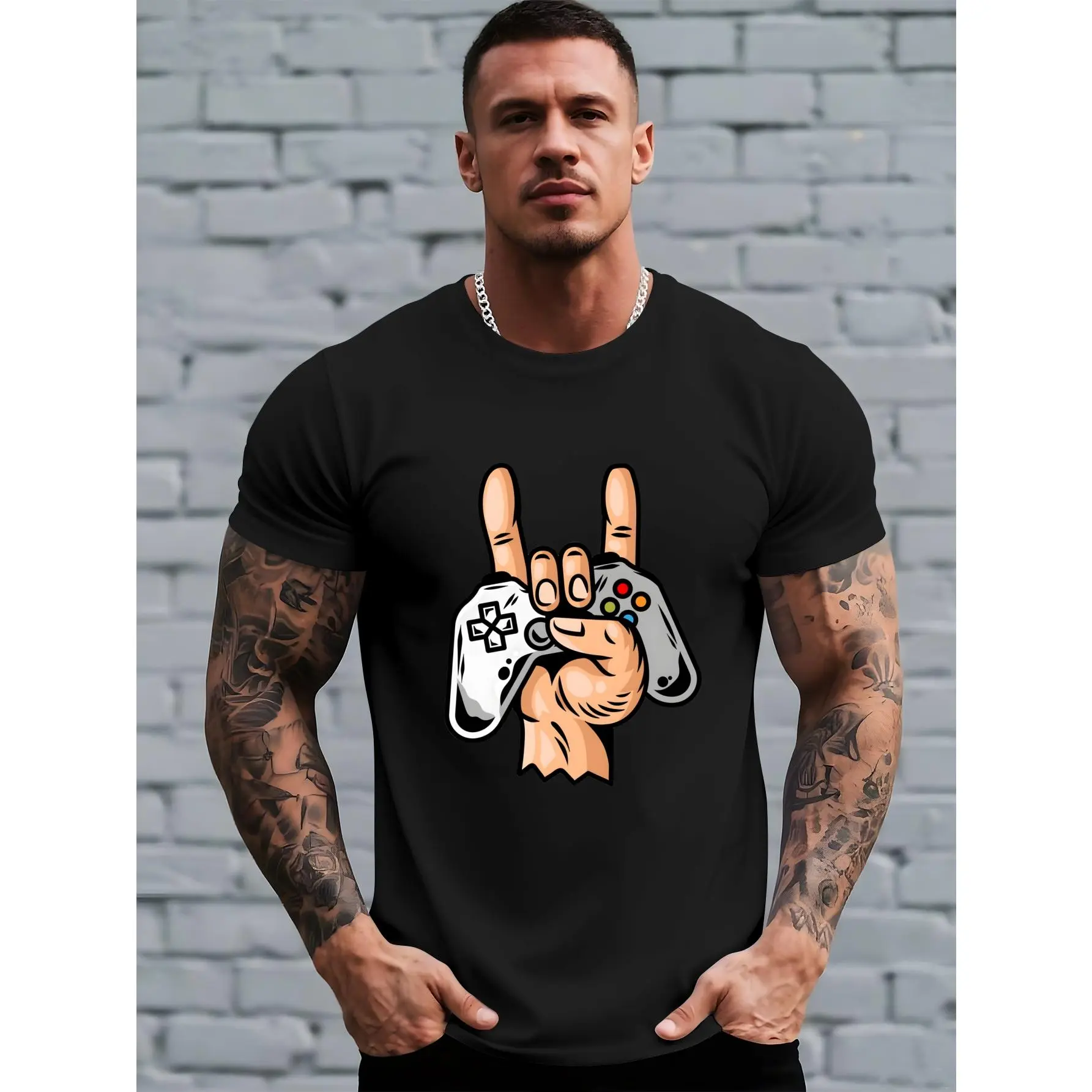 Men's Game Controller Print T-Shirt - Game short-sleeved T-shirt with digital game controller design, casual crew neck, suitable for gamers, machine washable, suitable for outdoor and casual wear.