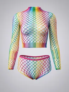 Sexy Colorful Nylon Mesh Lingerie Bodysuit, Transparent Fishnet Stocking, High Elasticity Stretchy, Breathable, Rainbow Color Fit, Perfect for Music Festivals and Summer Vacations