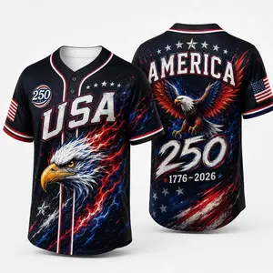 Men's 2026 USA 250 Black Short-Sleeve Button-Down 250th Anniversary Baseball Jersey - Bald Eagle Graphic, Red-Blue Flame Flag Design, America 250 Back Print, Patriotic Top for July 4th Game Day, Independence Day Fan Apparel, Semiquincentennial Sport Tops