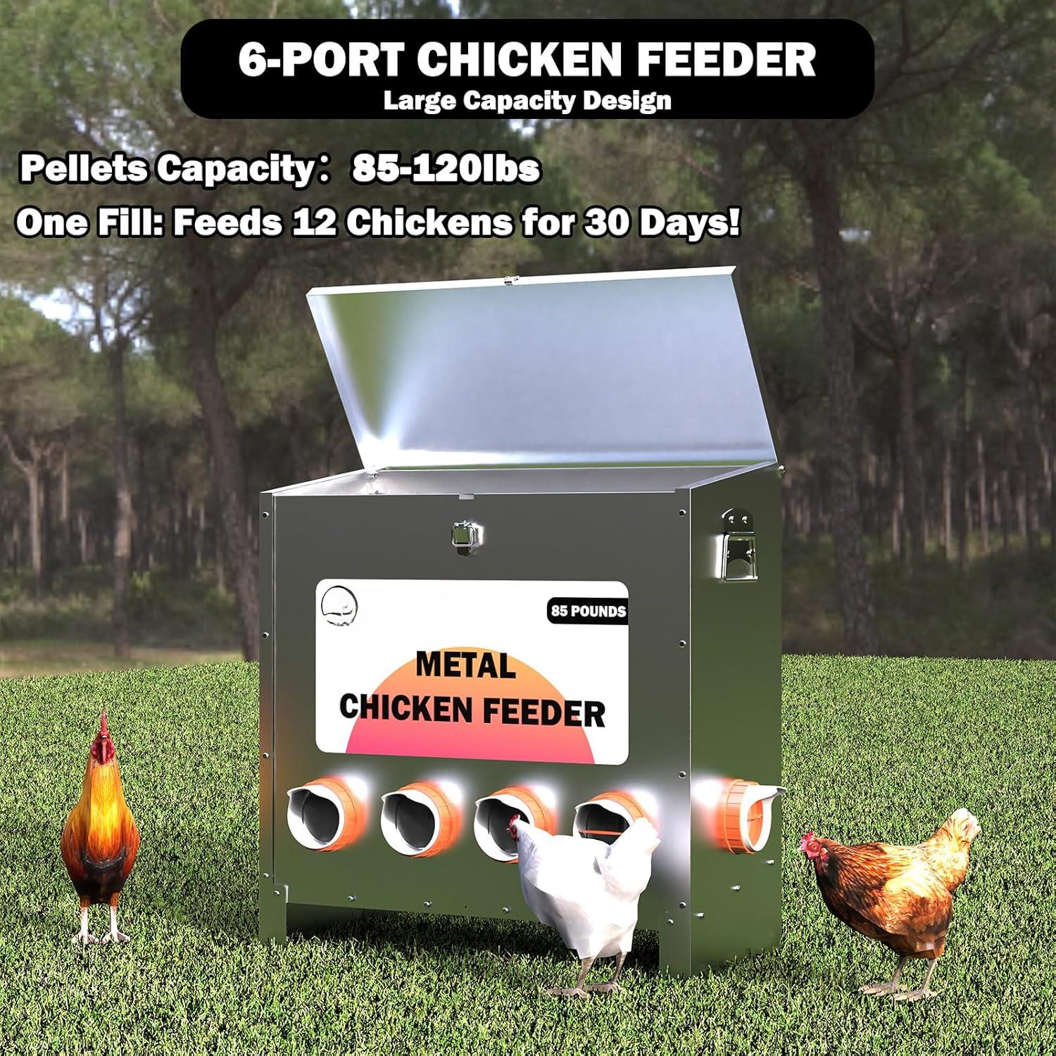 Metal Chicken Feeder Large Capacity 85lbs Automatic Metal Rat Proof Chicken Feeders No Waster Weatherproof Poultry Feeder for Chickens, Geese, Ducks, Turkeys, Quails (6-Port)