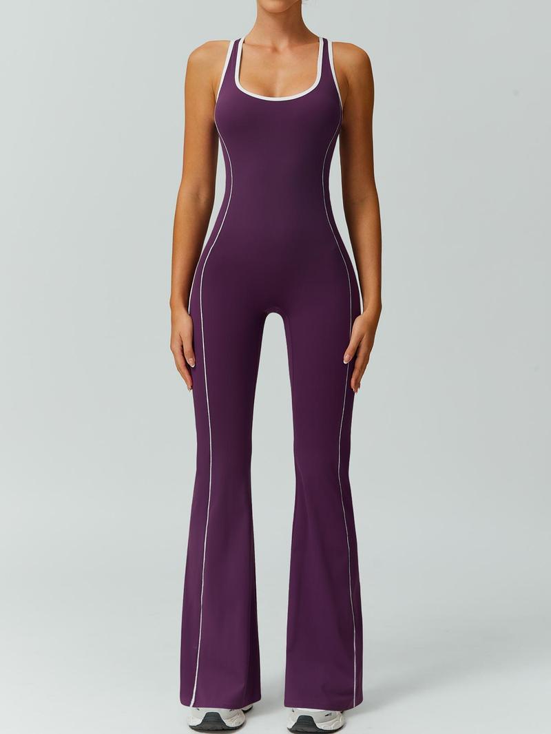 Women's color blocked backless jumpsuit comfortable and nude with a cinched waist sleeveless U-neck wide leg flared pants yoga clothes jumpsuit suitable for gym training outdoor running dancing tennis seasonal fashion contrasting Backless Sports Jumpsuit