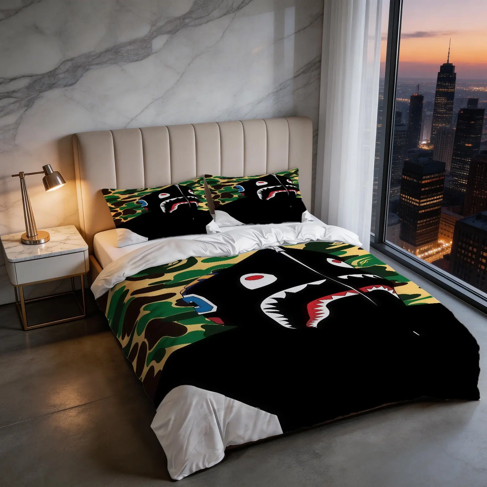Camouflage Shark Head Pattern Duvet Cover Set, Including 1 Duvet Cover And 1 Or 2 Pillowcases, Excluding Duvet Core And Pillow Core, Hip-Hop Street Cool Atmosphere, Fashionable Bedroom Print Bedding Set For Teenagers And Adults
