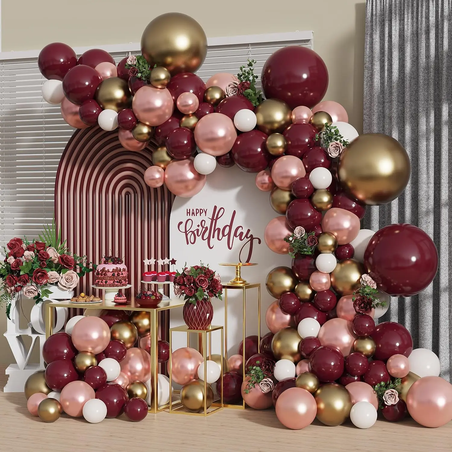 140 count DIY Burgundy Garland Balloons Kits with 18/12/10/5Inch Metallic Chrome Balloons for Birthday Party Celebration Graduation Wedding  Shower Ceremony Anniversary Balloon Chain. (Burgundy)