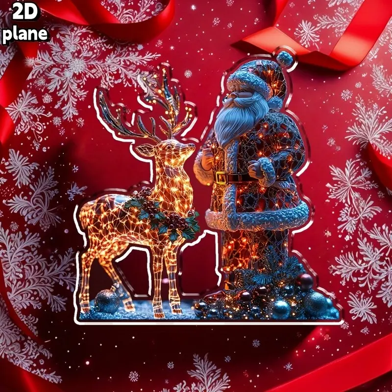 Bohemian Style Acrylic Santa Claus and Glowing Deer Desktop Decor, Battery-Free Flashing Light, Holiday Home Gift, Unisex