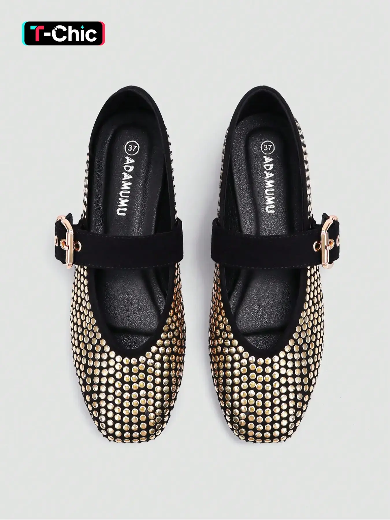 Women's Mary Jane Flat Shoes, Walking Shoes, & Rivet Design, Comfortable Daily Wear, Party Style Footwear, Metal Buckle Strap, Square Toe Flats, Casual Flats, Elegant Flats, Stud Embellishment, Rubber