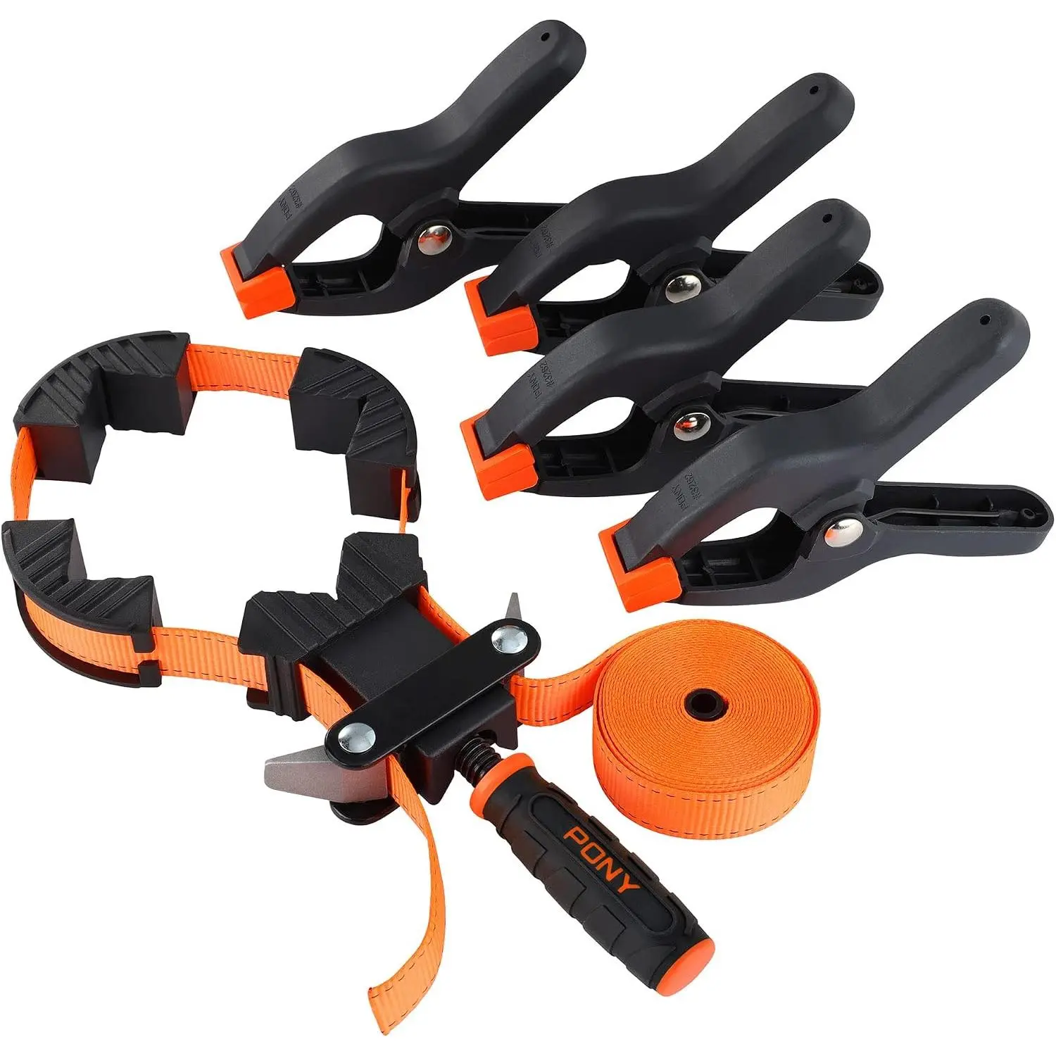 PONY Nylon Webbing Woodworking Strap Clamp, Strong Grip Picture Frame Tool with 4-Pack Spring Clamps