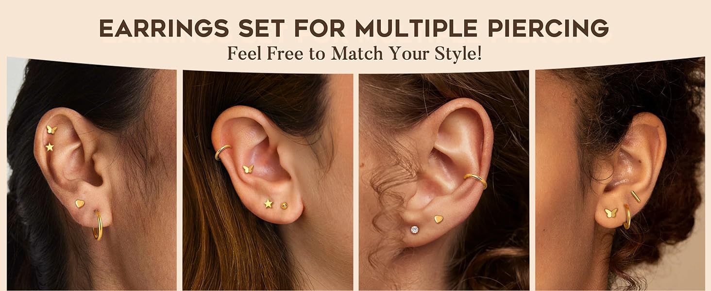 Exquisite Small Flat Back Earrings,Push in Stud Earrings for Women Men,Hypoallergenic 14K Gold Plated Surgical Stainless Steel Threadless Earring,Flatback Stud Hoop Cartilage Earring Set for Multiple Piercing