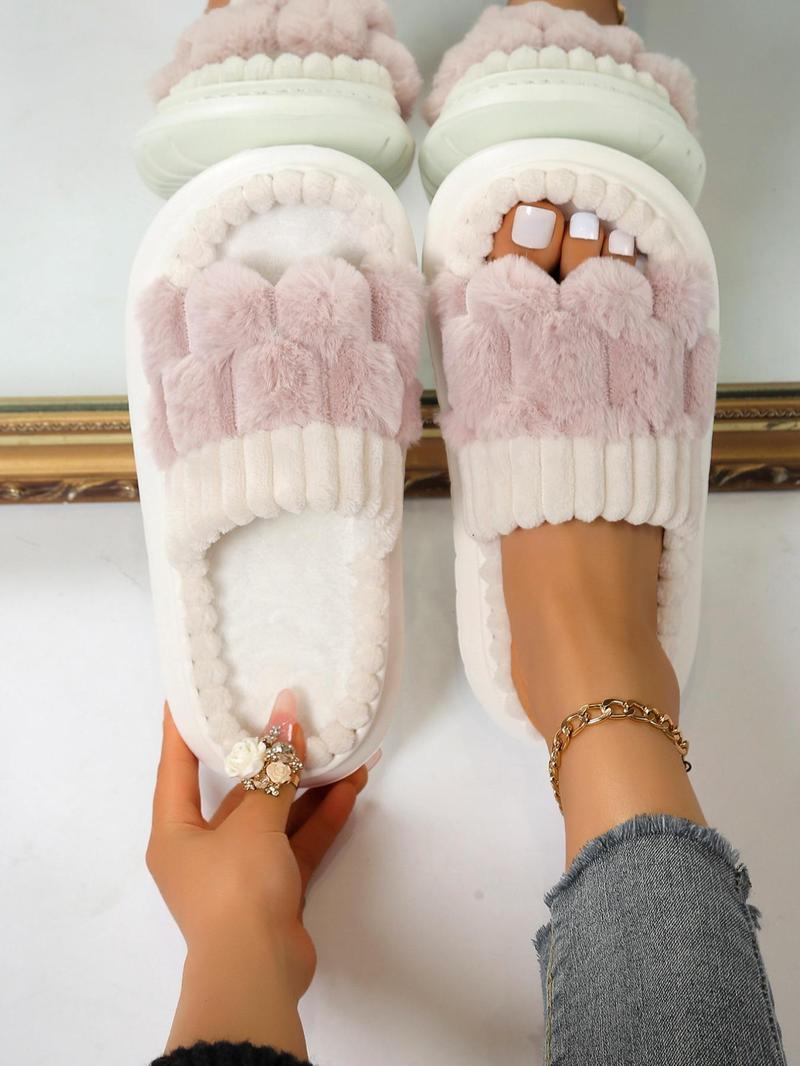 Women's Solid Color Fluffy Plush Slippers, Casual Soft Comfortable Home Slippers, Fuzzy House Slippers, Warm Slippers for Indoor & Outdoor Use for Fall & Winter