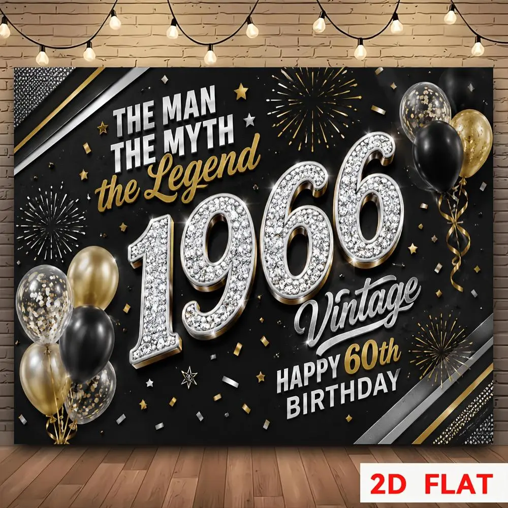 1966 Vintage 60th Birthday Themed Polyester 2D Flat Banner Photography Backdrop Cloth - Glam HD Print, Soft, Lightweight, Foldable - Suitable for Birthday Party Photos, Studio Use