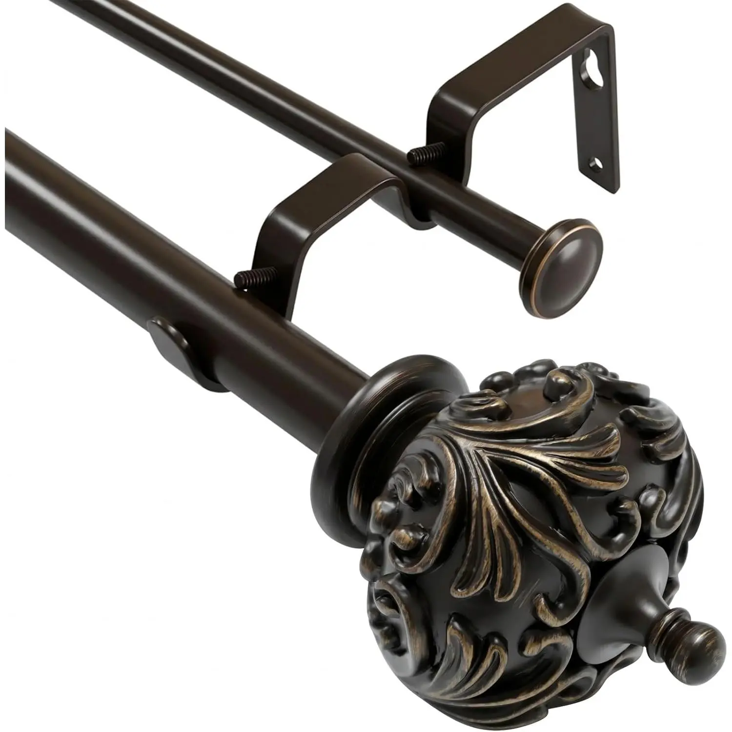 Heavy Duty Adjustable Victorian Bronze Double Curtain Rod 36-72 Inch, 1" Diameter with Decorative Finials, Sturdy for Bedroom Living Room