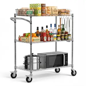 VEVOR 3-Tier Heavy-Duty Adjustable Wire Storage Cart with Smooth Rubber Wheels, Shelf Organiser, Handle Bar & Work Table, Commercial Steel Rolling Trolley for Garage, Laundry Room, 35x17.8x40.9in