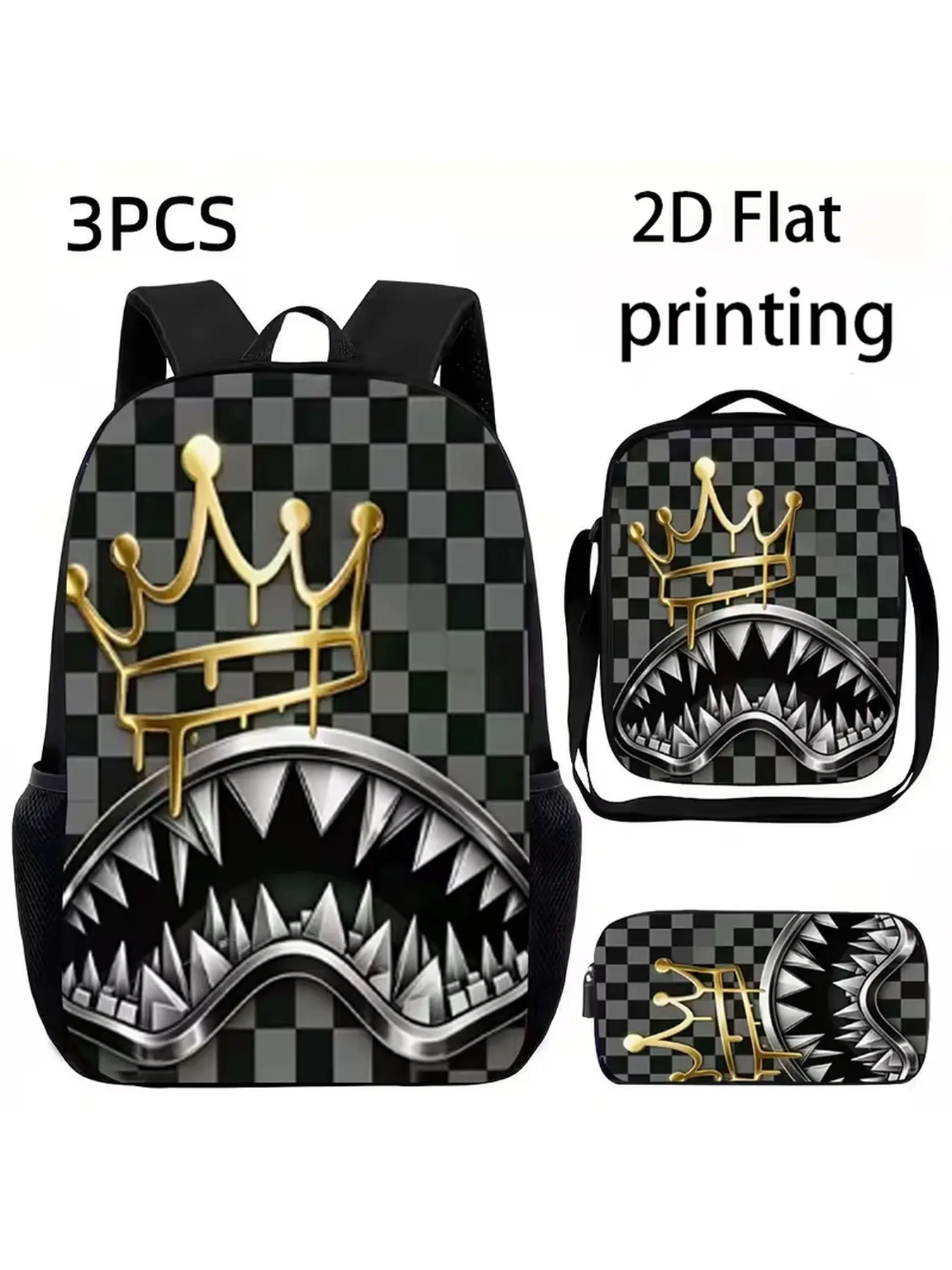 3Pcs Backpack Set, Black White Checkered Shark Mouth Golden Crown Graphic School Backpack with Lunch Bag & Pencil Case, Back to School Gift, Christmas Holiday Gift for Kids Teens Boys, Large Capacity Student Bookbag
