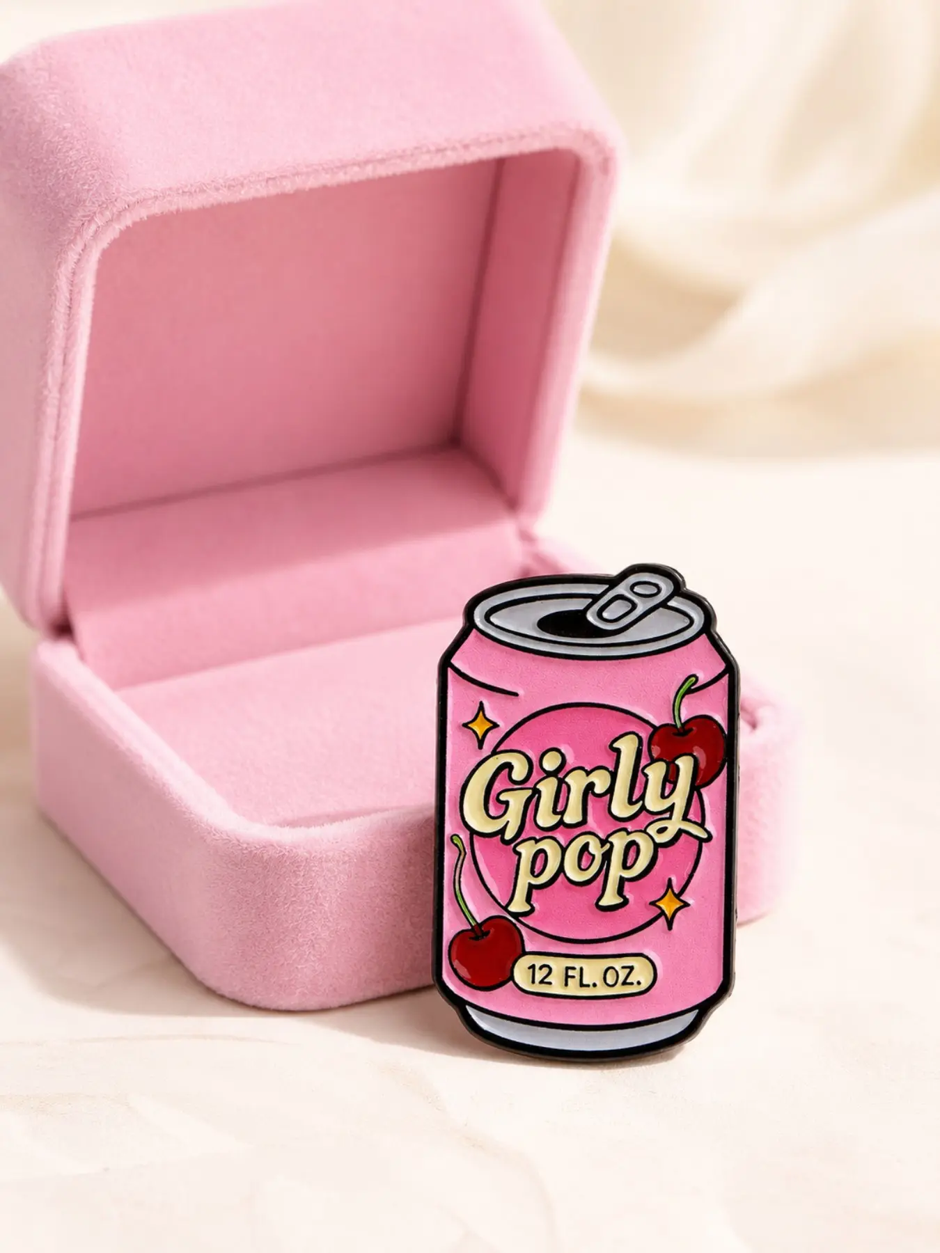 Girly Pop Cherry Can Brooch Pin, Pink Y2K Aesthetic Lapel Badge for Women, Cute Kawaii Backpack Jacket Bag Accessory, Gift Box Included, Wedding Season Bridesmaid Proposal Gift