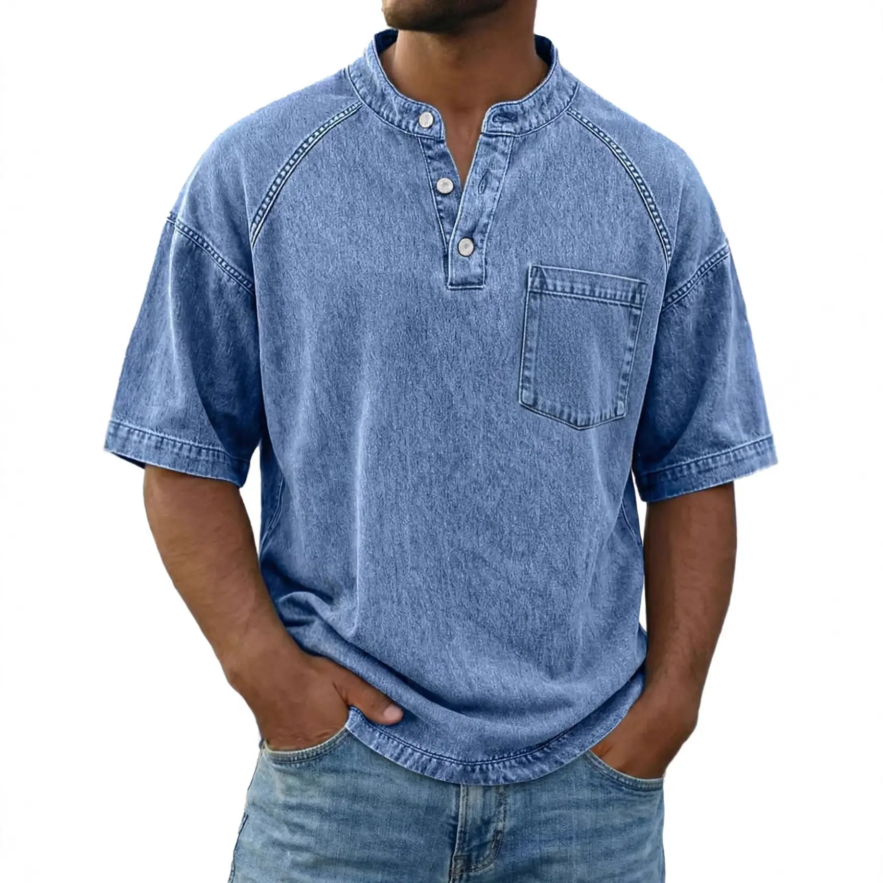 2026 Cross-border Spring/Summer Men's Slim-Fit Henley Short-Sleeve T-Shirt – Distressed Washed Casual Pullover Top