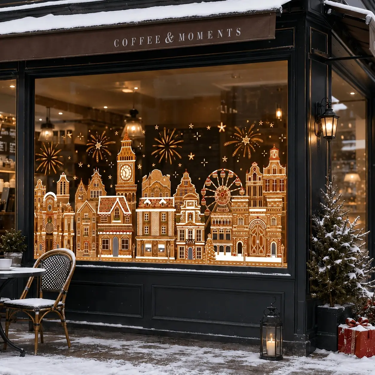Christmas Gingerbread House Window Stickers, 4 Sheets Large, 70*42cm/27.5*16.5inch, Large Holiday Town Wall Decals, Xmas Window Clings with Gingerbread Houses, Fireworks & Stars for Home Store Party Decorations