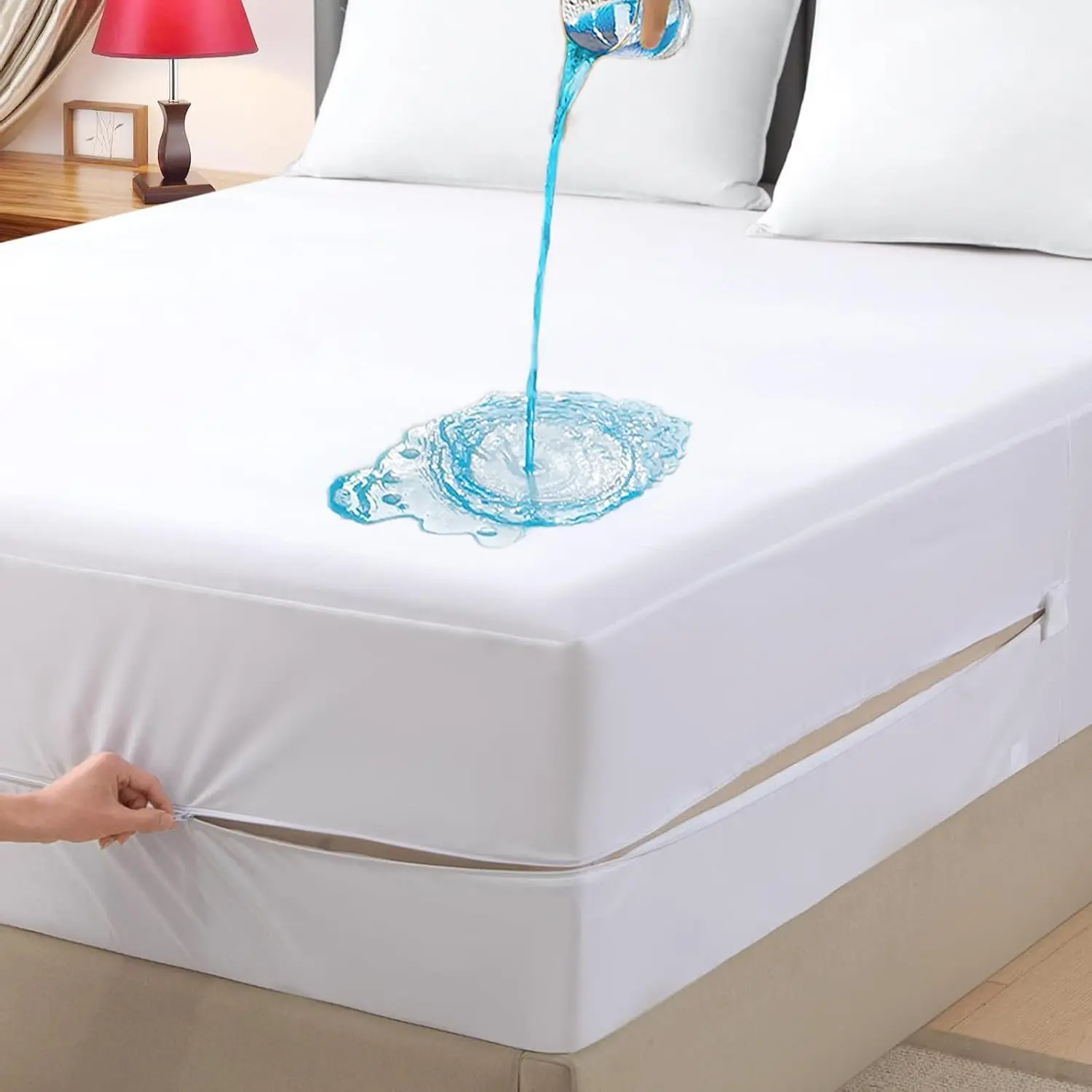 Queen Waterproof Zippered Mattress Encasement, Breathable, Noiseless, Machine-Washable Zipped Mattress Cover, Fitting 7" - 15" Deep Mattress