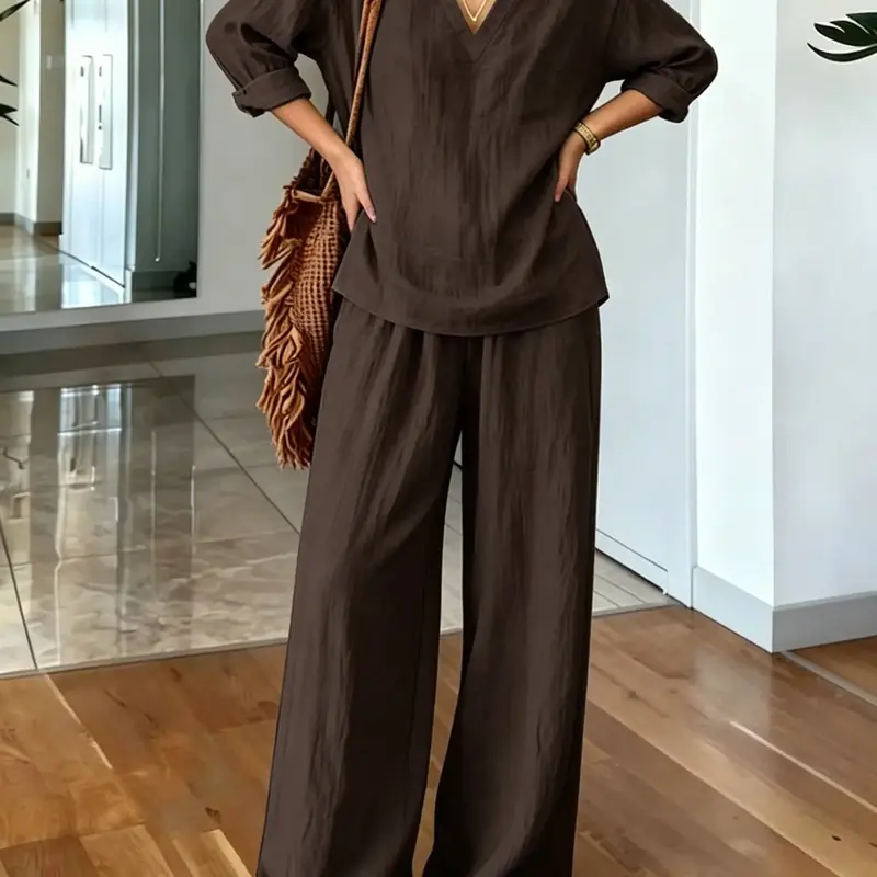 Women's 2-Piece Comfortable Lightweight Thin Basic Casual Set, V-Neck Loose-Fit Long Sleeve Top and Wide Leg Long Pants, All Seasons
