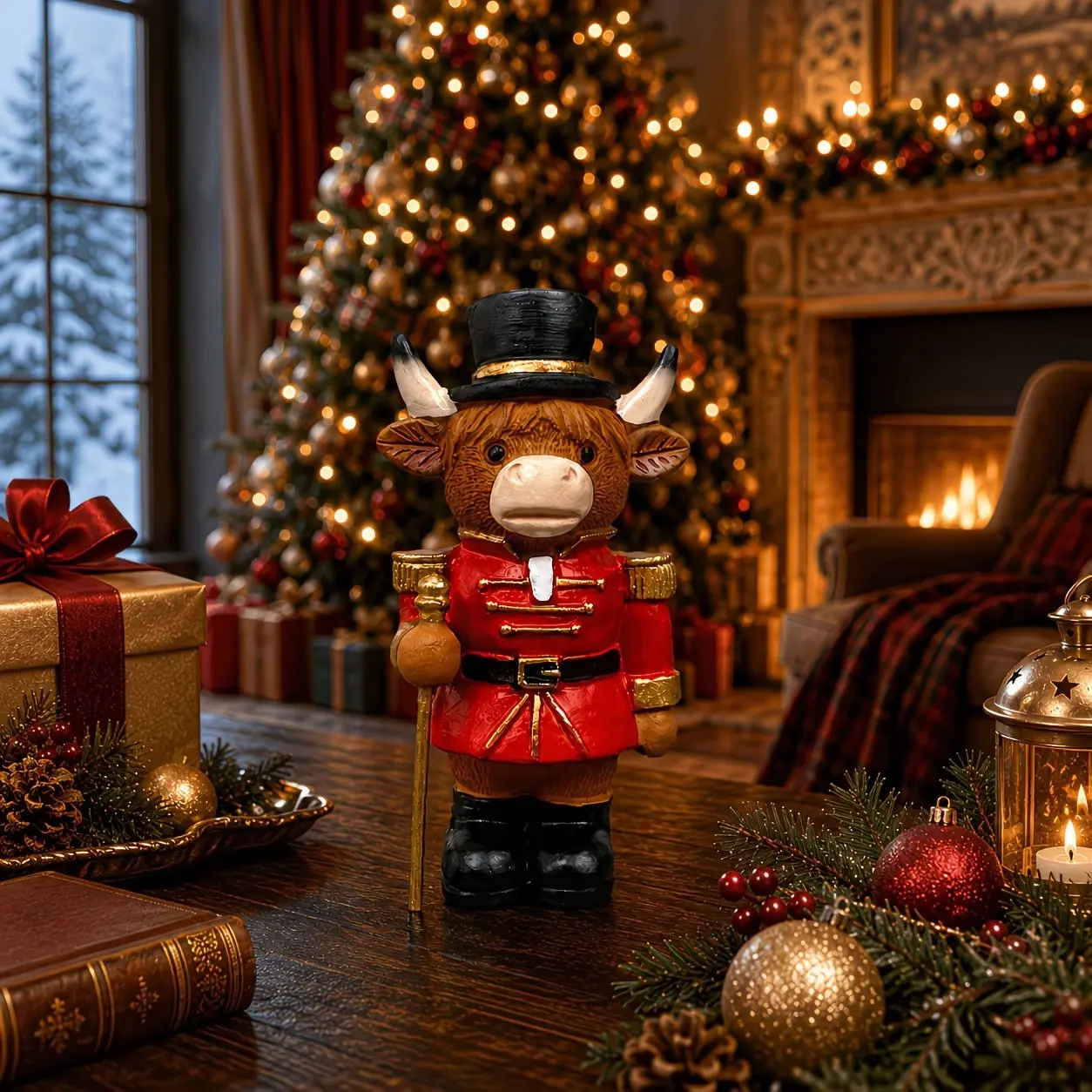1pc Highland Cow Nutcracker Figurine - Resin Scottish Cow Statue with Nutcracker Suitable for Christmas, Farmhouse Tabletop Decor, Fireplace Mantel & Tiered Tray Display, Holiday Gift for Cow Lovers, New Year' Decoration