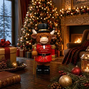 1pc Highland Cow Nutcracker Figurine - Resin Scottish Cow Statue with Nutcracker Suitable for Christmas, Farmhouse Tabletop Decor, Fireplace Mantel & Tiered Tray Display, Holiday Gift for Cow Lovers, New Year' Decoration